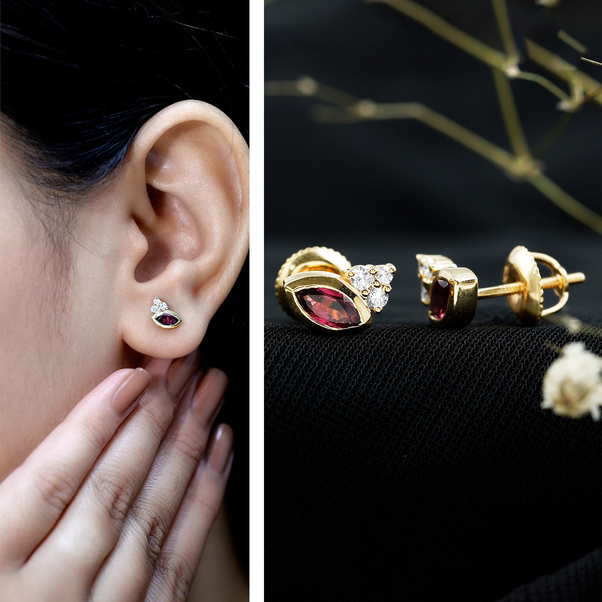 Bezel Set Rhodolite Garnet Stud Earrings with Diamonds AAA 14K Yellow Gold Plated Silver - Rosec Jewels