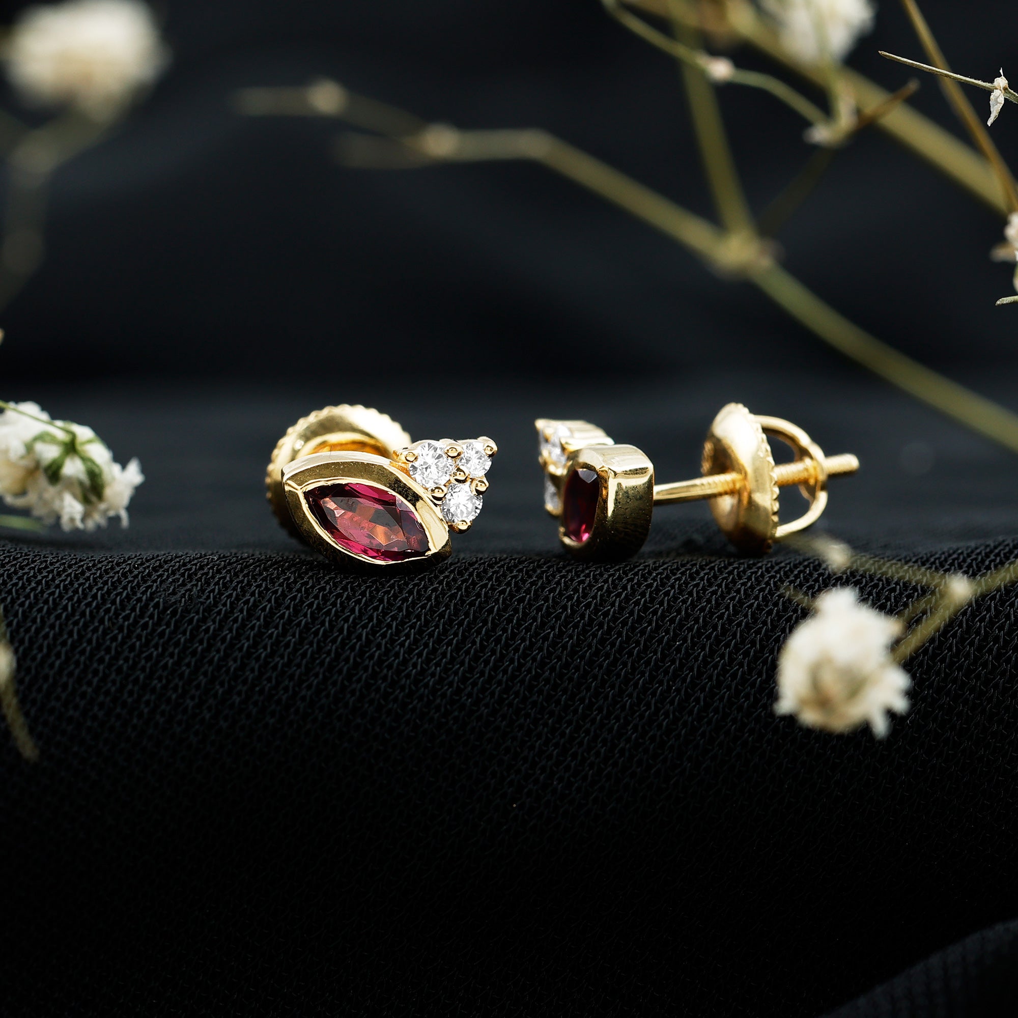Bezel Set Rhodolite Garnet Stud Earrings with Diamonds AAA 14K Yellow Gold Plated Silver - Rosec Jewels