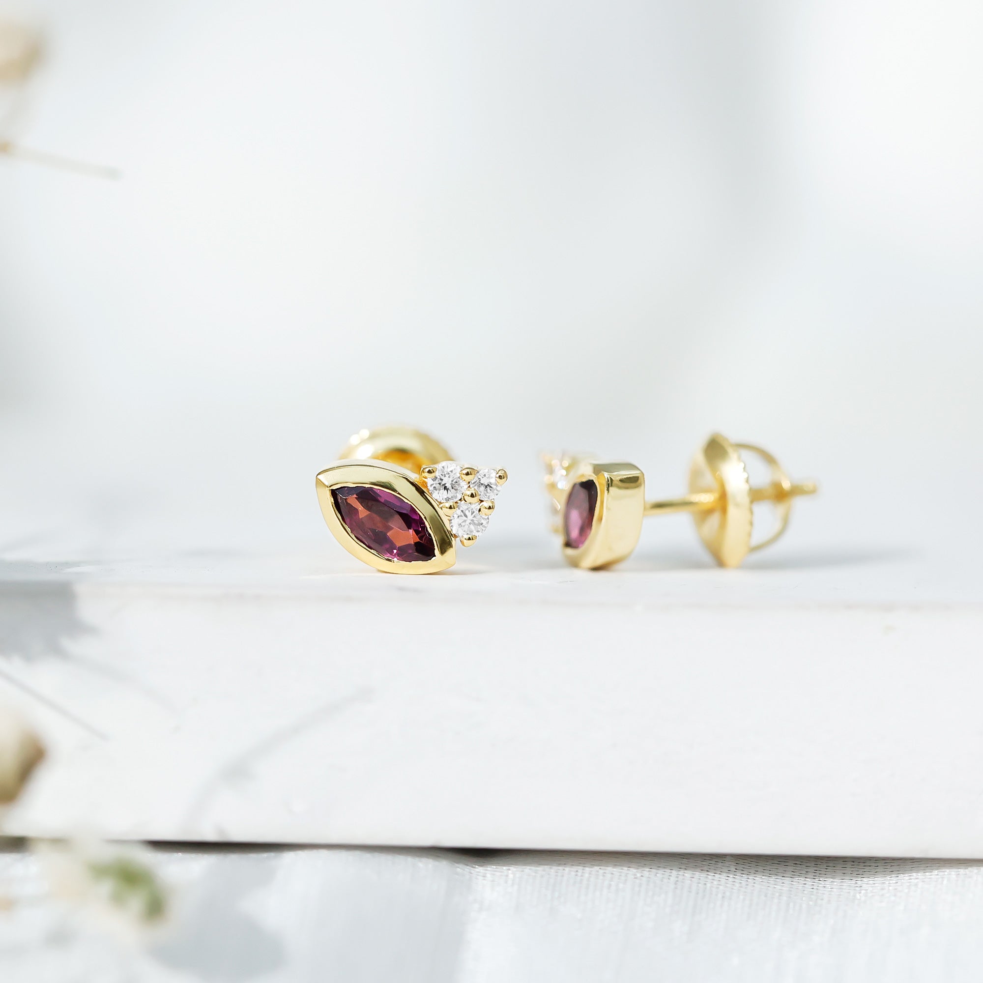 Bezel Set Rhodolite Garnet Stud Earrings with Diamonds AAA 14K Yellow Gold Plated Silver - Rosec Jewels