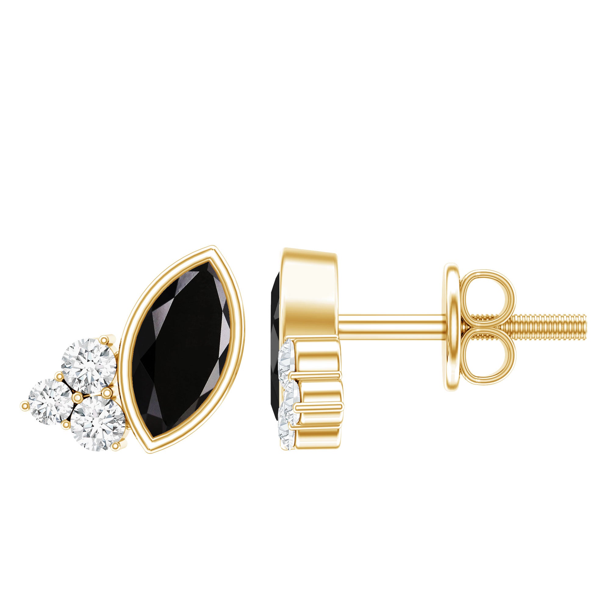 Natural Black Onyx Stud Earrings with Diamond Trio AAA 14K Yellow Gold Plated Silver - Rosec Jewels