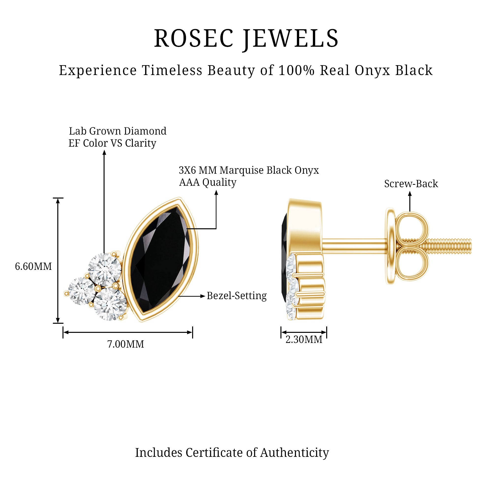 Natural Black Onyx Stud Earrings with Diamond Trio AAA 14K Yellow Gold Plated Silver - Rosec Jewels