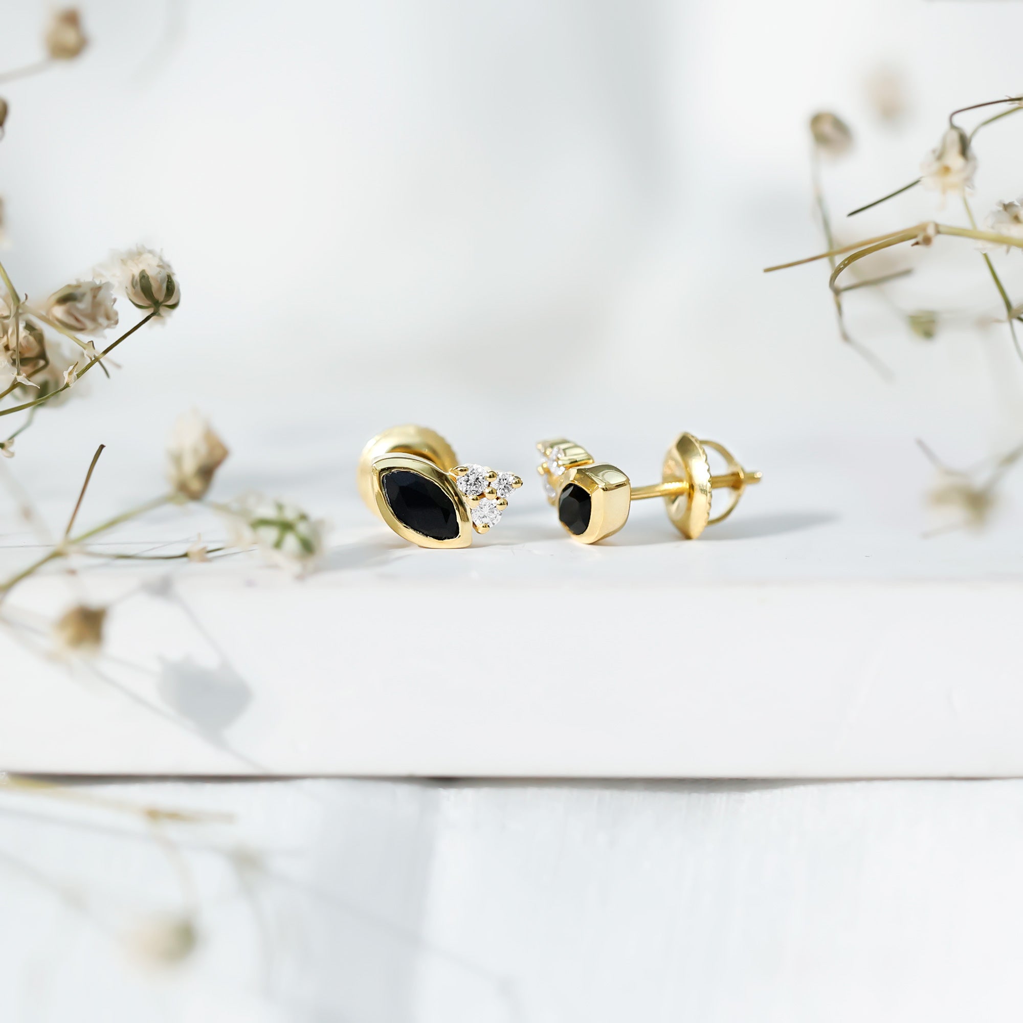 Natural Black Onyx Stud Earrings with Diamond Trio AAA 14K Yellow Gold Plated Silver - Rosec Jewels