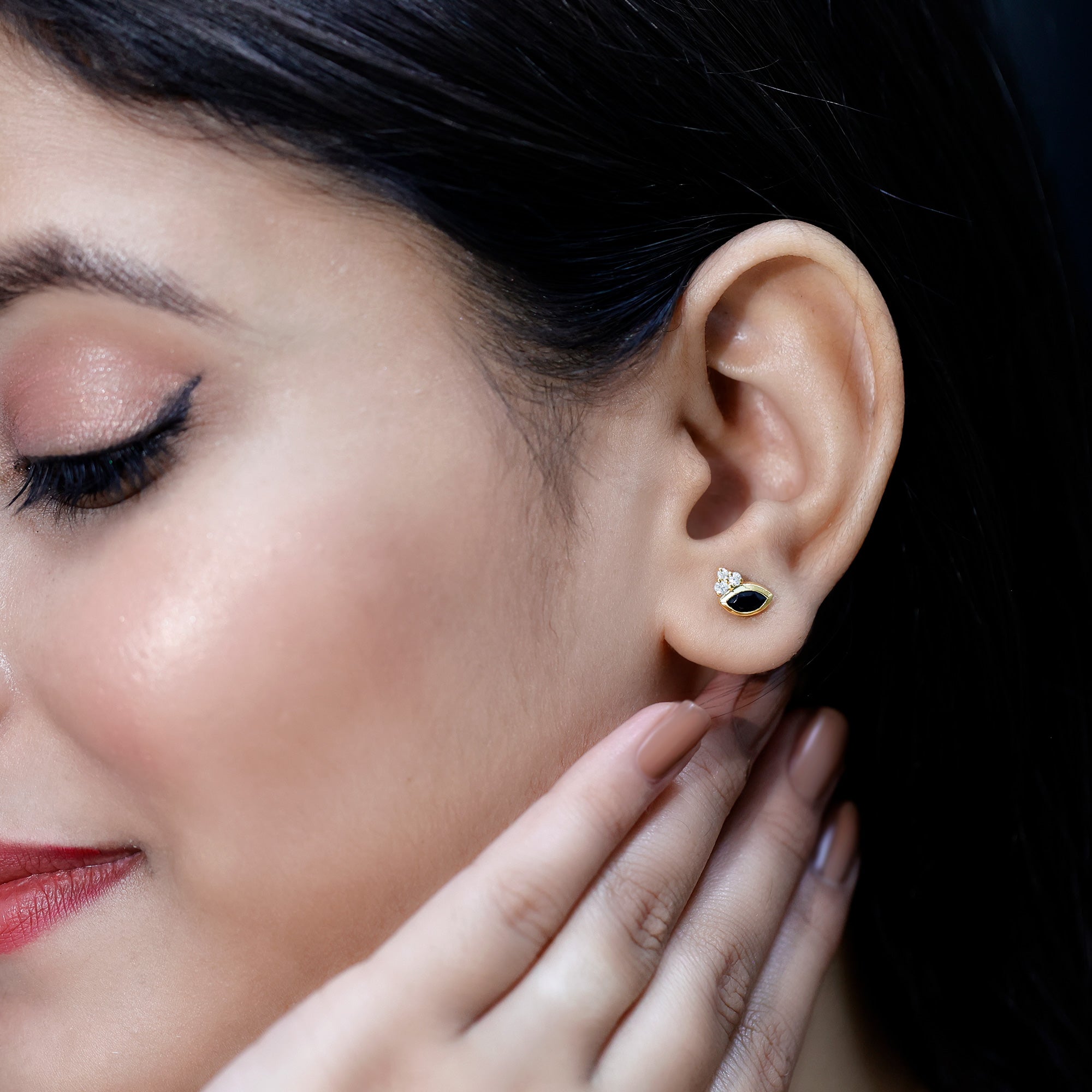 Natural Black Onyx Stud Earrings with Diamond Trio AAA 14K Yellow Gold Plated Silver - Rosec Jewels
