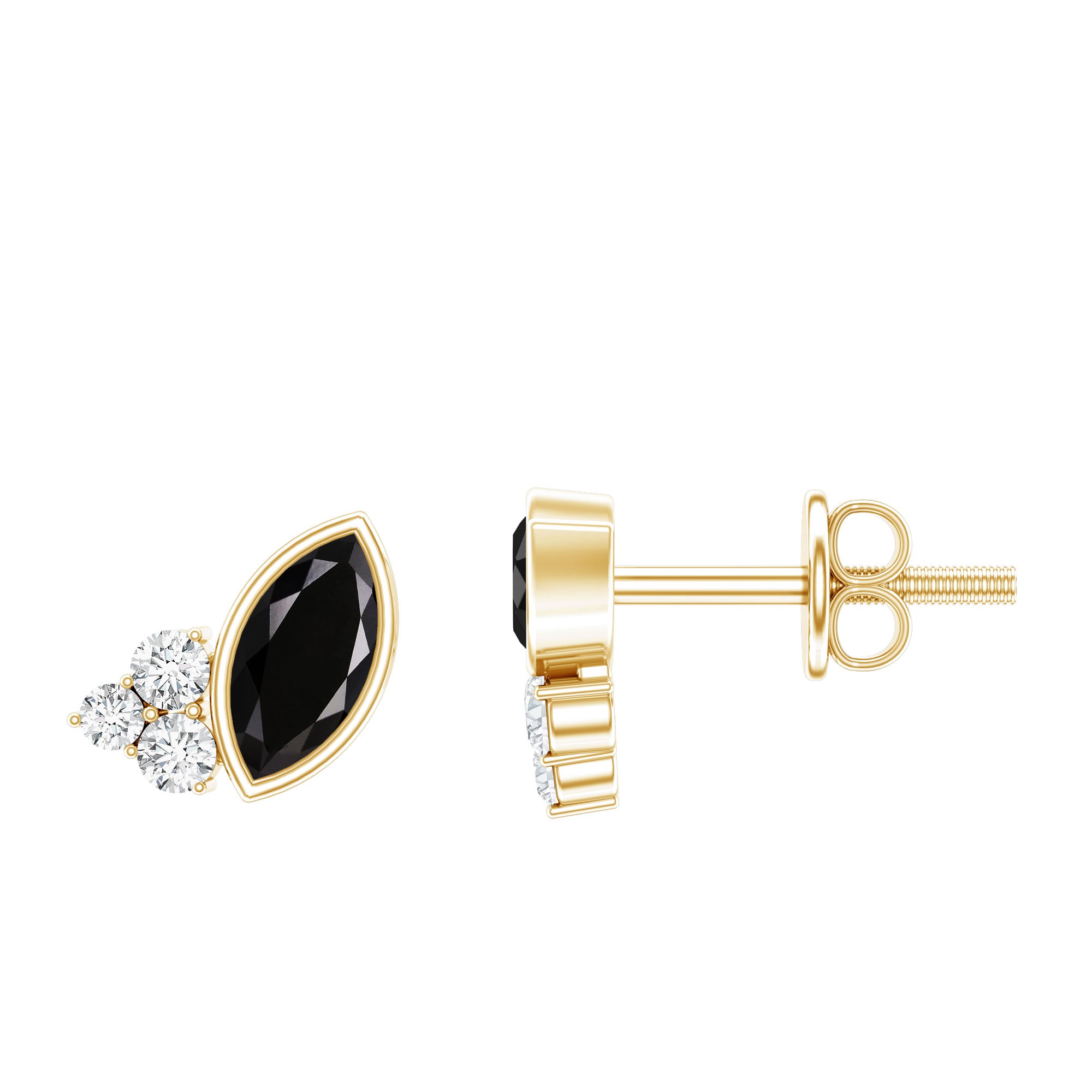 Marquise Cut Black Spinel Stud Earrings with Diamonds AAA 14K Yellow Gold Plated Silver - Rosec Jewels