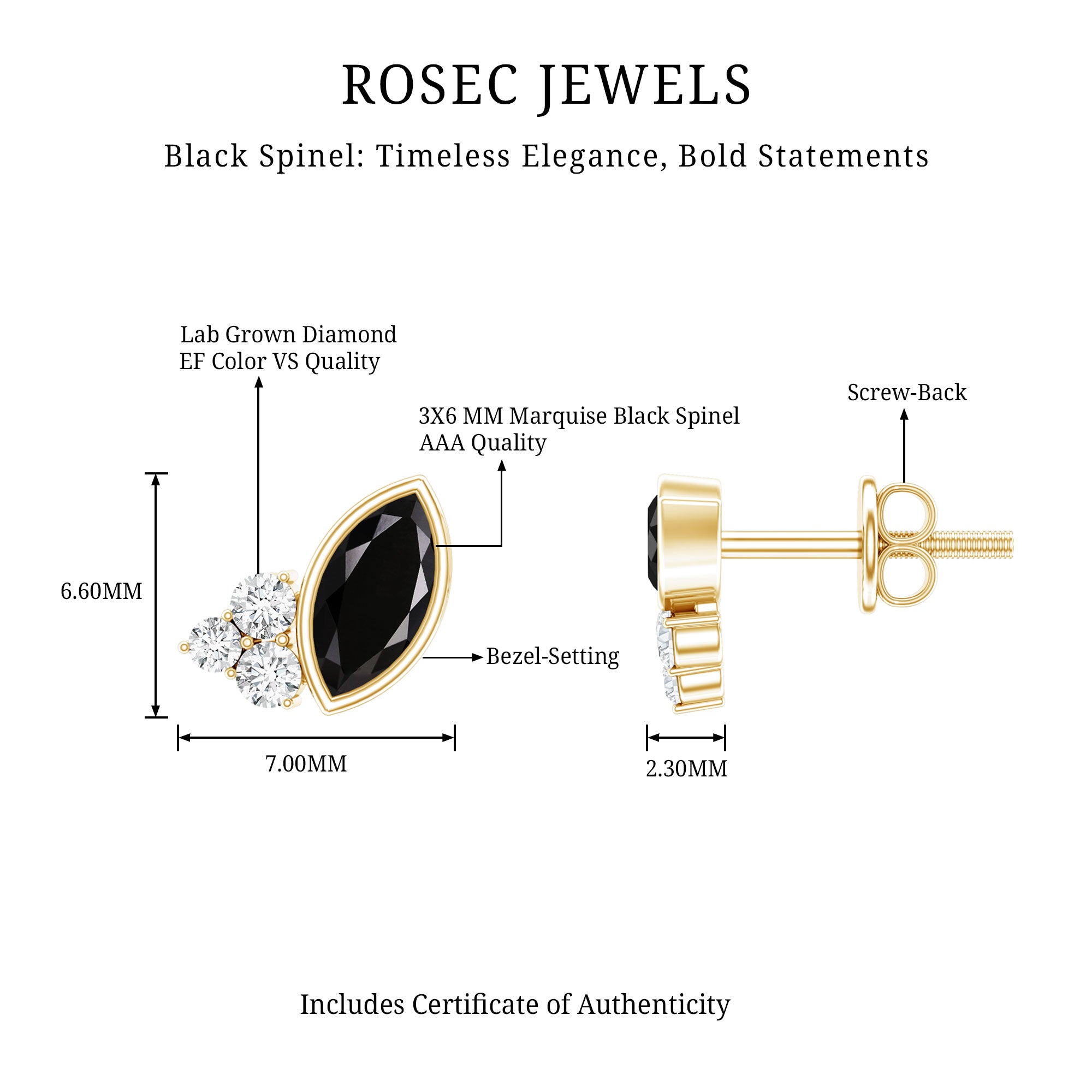 Marquise Cut Black Spinel Stud Earrings with Diamonds AAA 14K Yellow Gold Plated Silver - Rosec Jewels