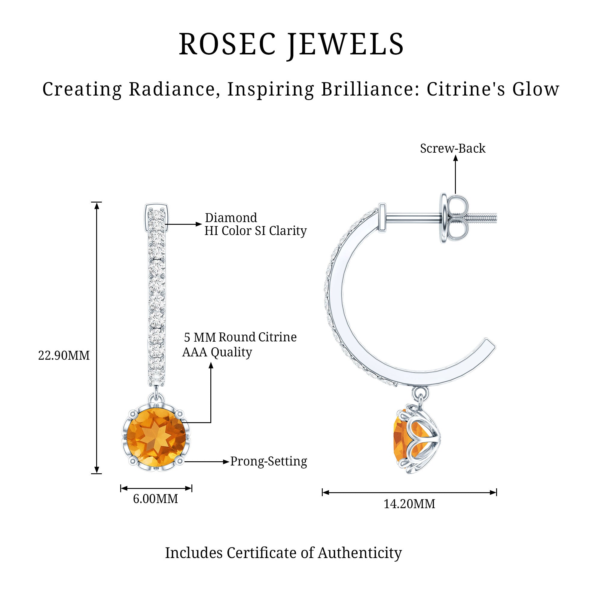 Natural Citrine Diamond Drop Hoop Earrings with Screw Back AAA - Rosec Jewels