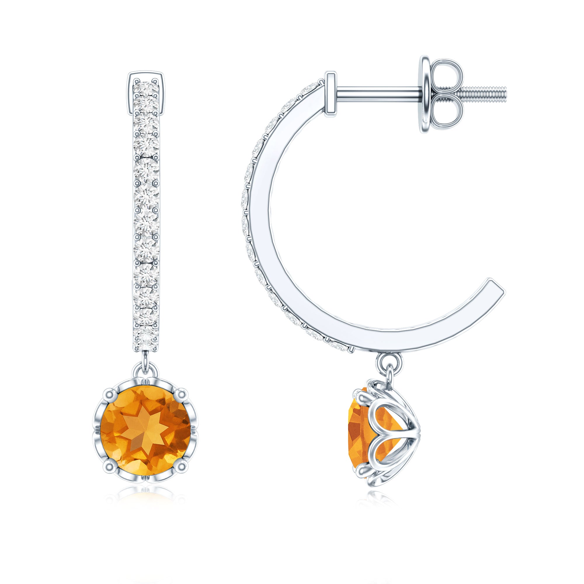 Natural Citrine Diamond Drop Hoop Earrings with Screw Back AAA - Rosec Jewels