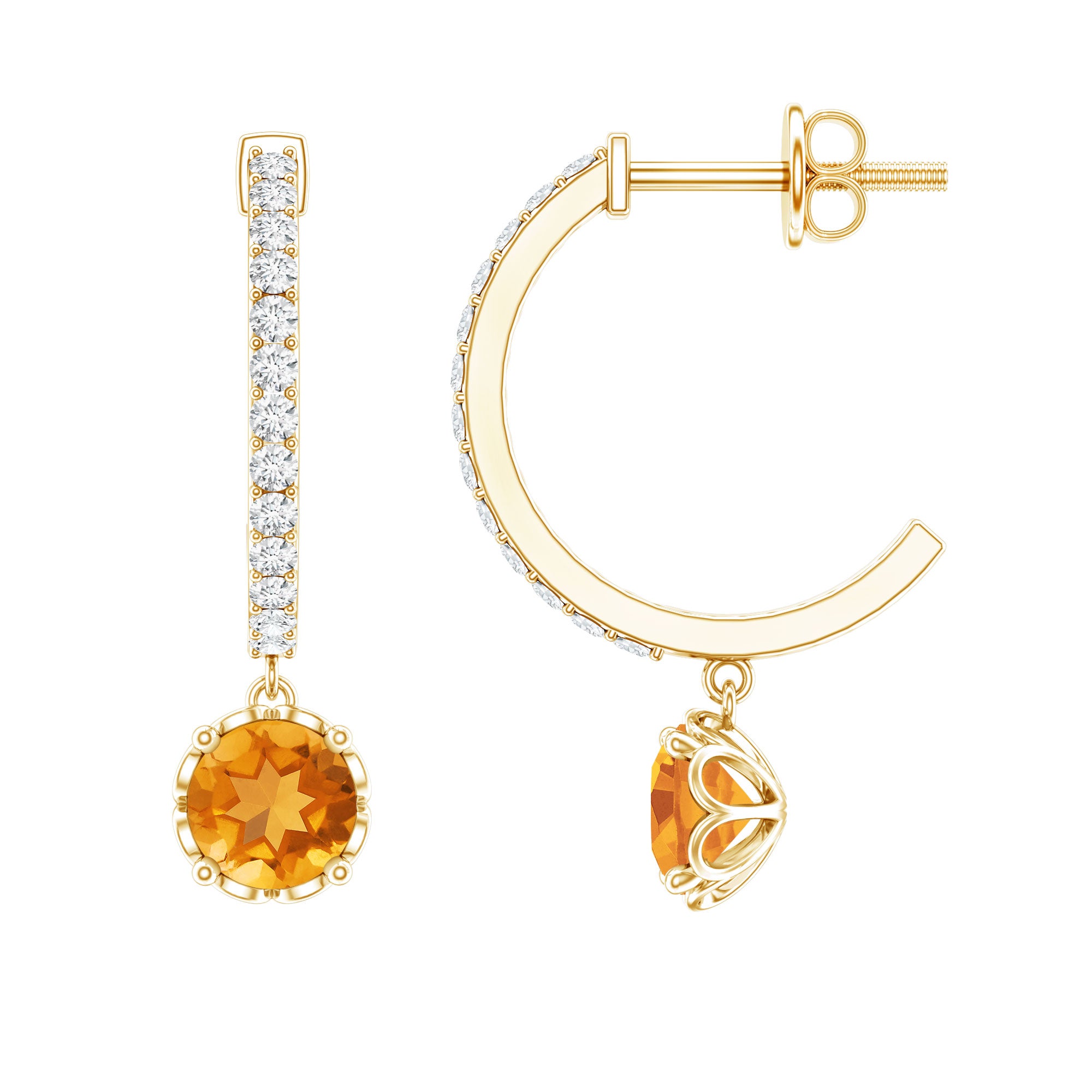 Natural Citrine Diamond Drop Hoop Earrings with Screw Back AAA - Rosec Jewels