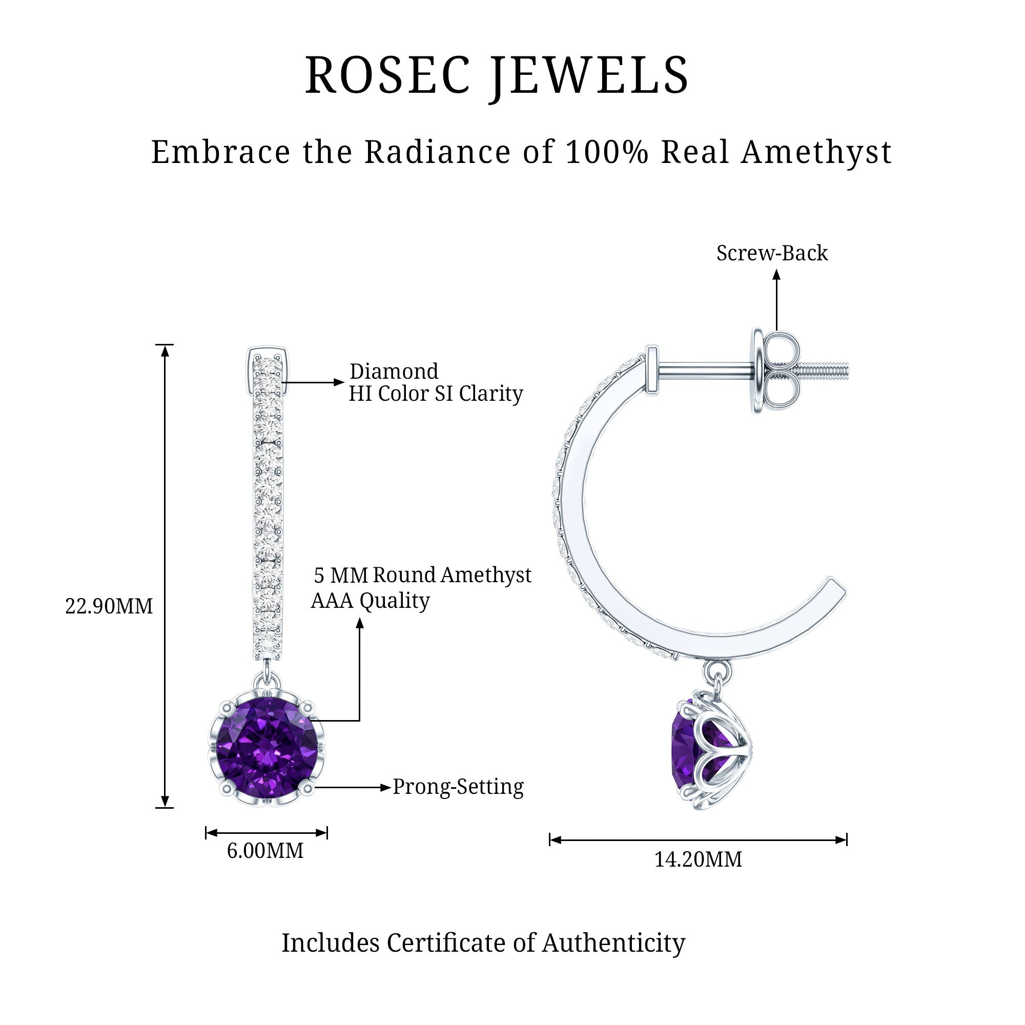Natural Amethyst Hoop Drop Earrings with Diamond AAA - Rosec Jewels