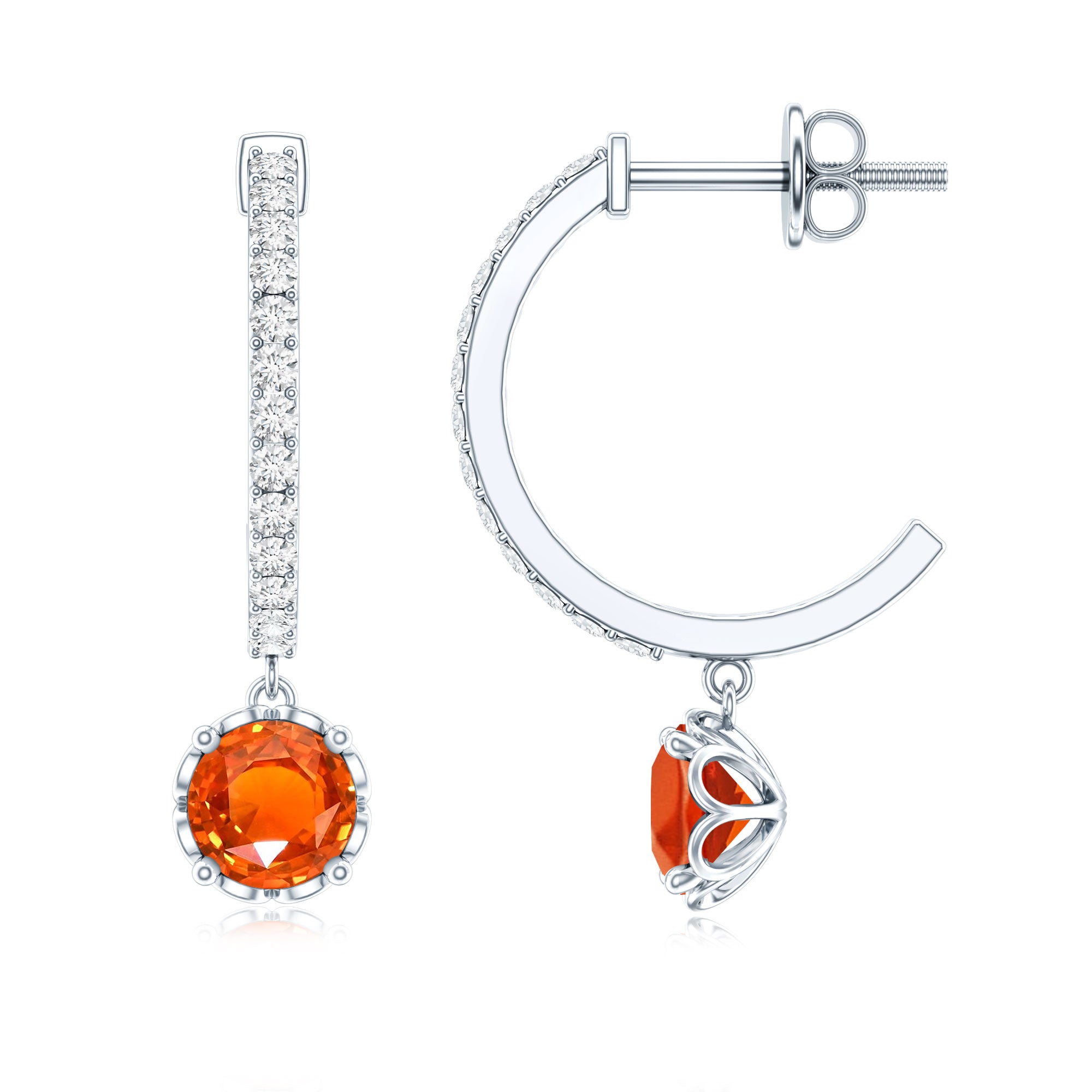 Lab Created Orange Sapphire and Diamond Hoop Drop Earrings AAAA - Rosec Jewels