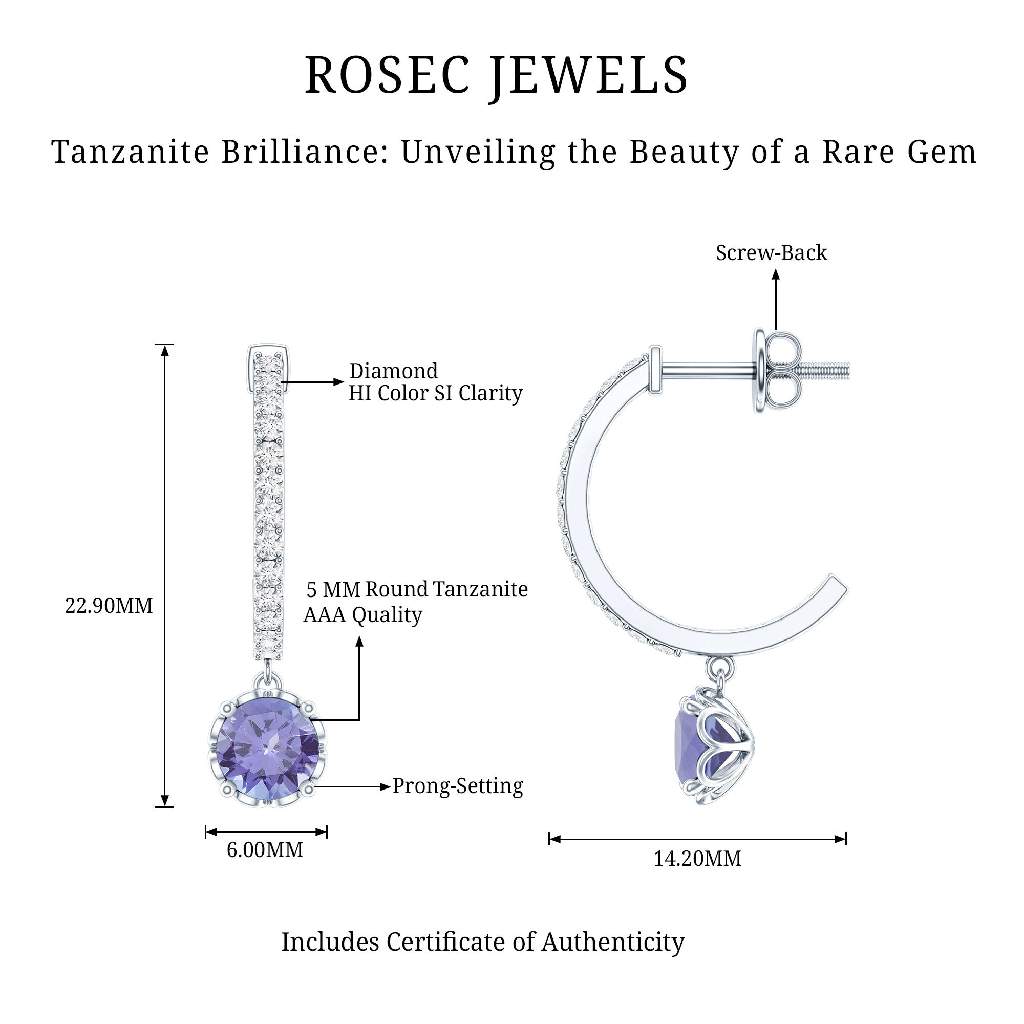 Natural 1 Carat Tanzanite Drop Hoop Earrings with Diamond AAA - Rosec Jewels