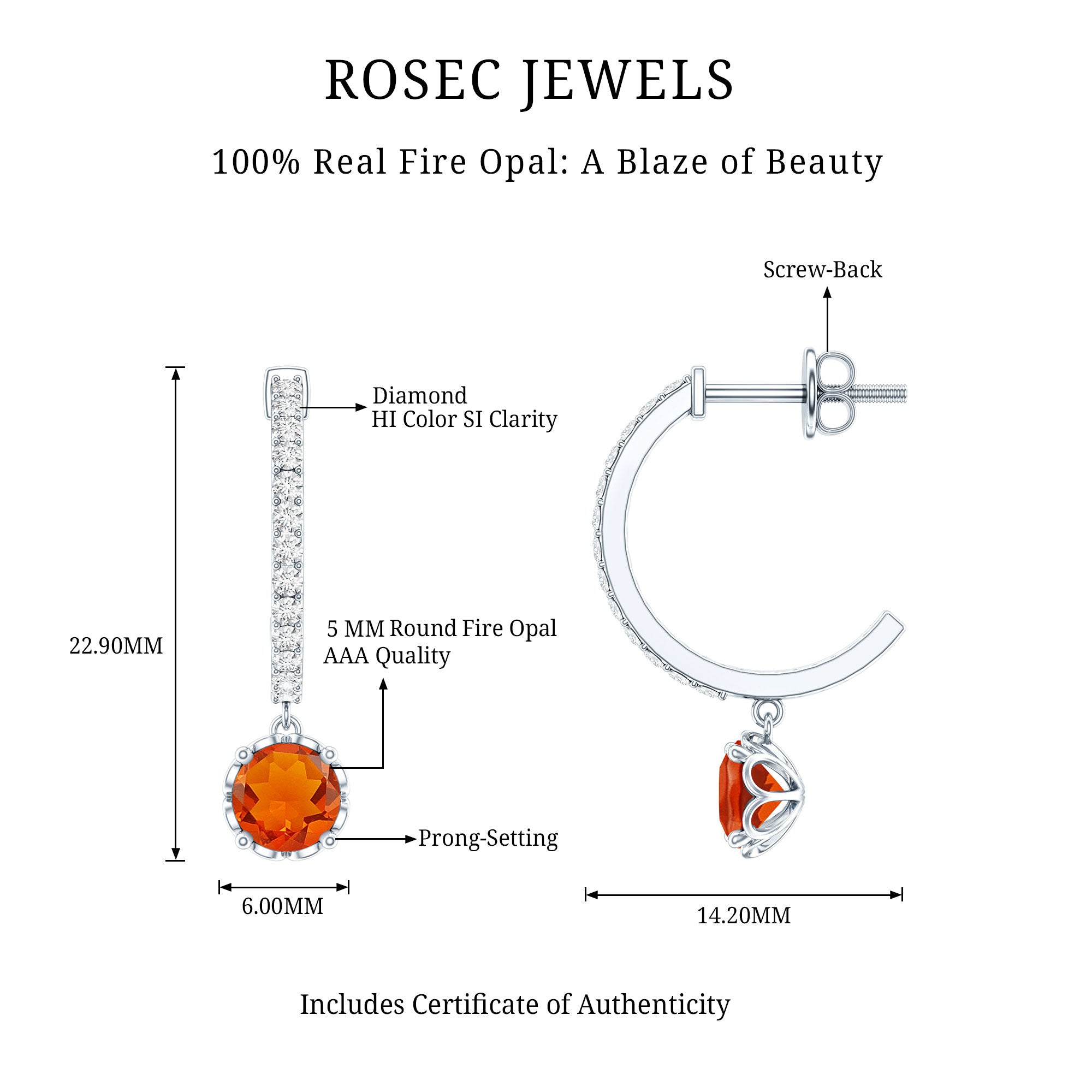 Certified Real Fire Opal Drop Hoop Earrings with Diamond AAA - Rosec Jewels