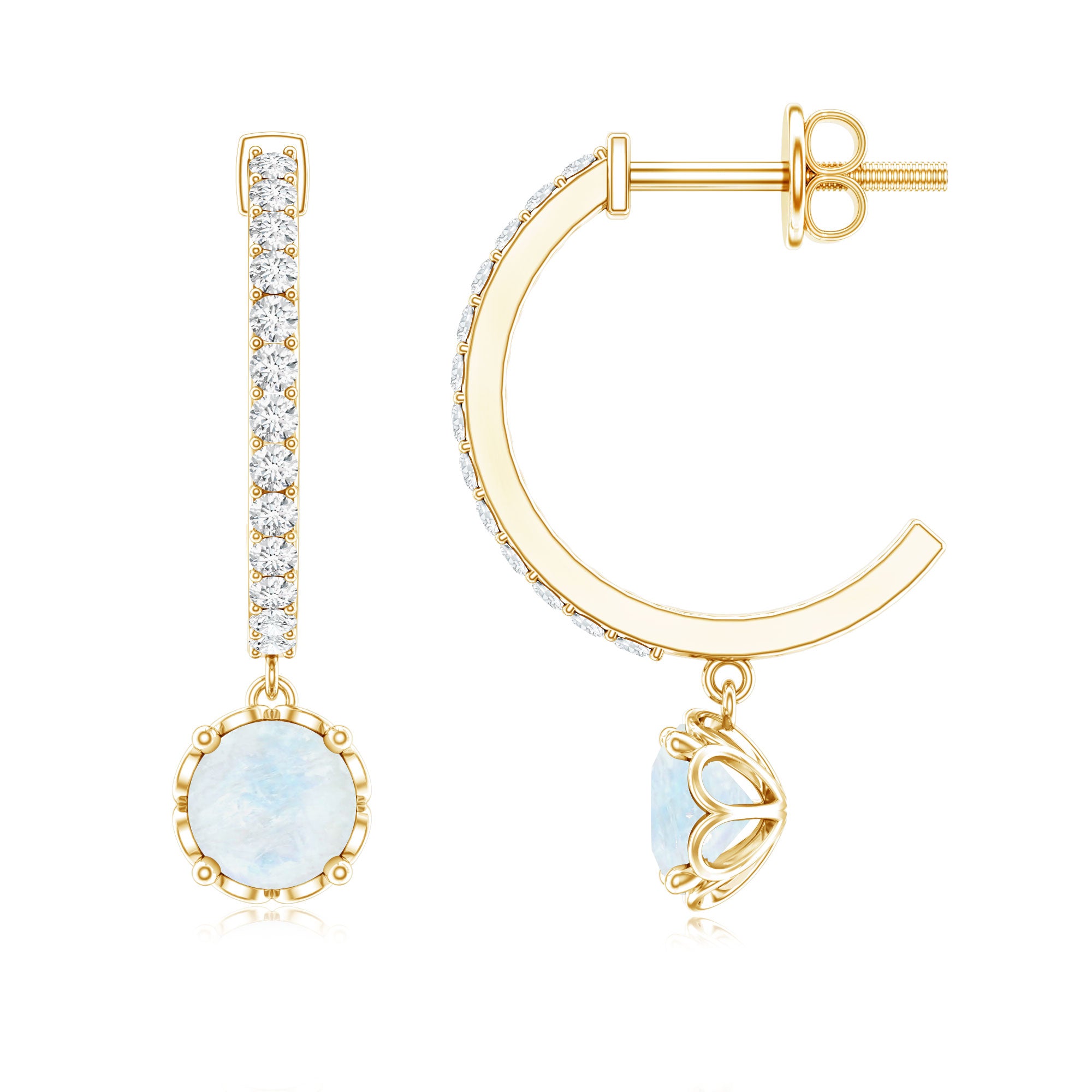 Natural Moonstone Drop Earrings with Diamond Hoop AAA - Rosec Jewels
