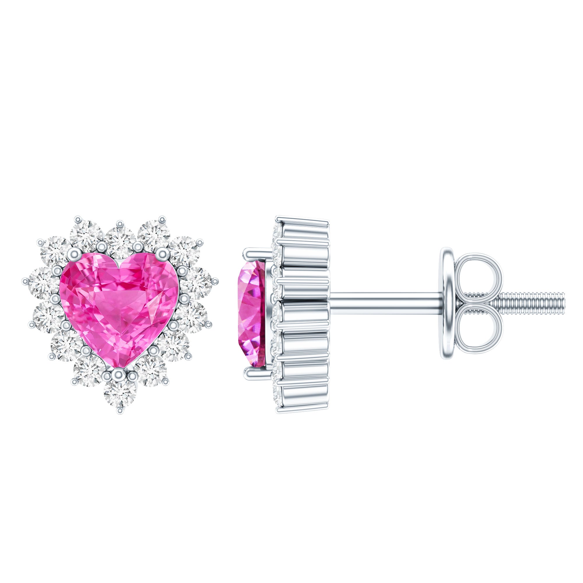 0.6 Carat Lab Grown Pink Sapphire Heart Stud Earrings with Diamond Halo AAAA 92.5 Sterling Silver - Rosec Jewels