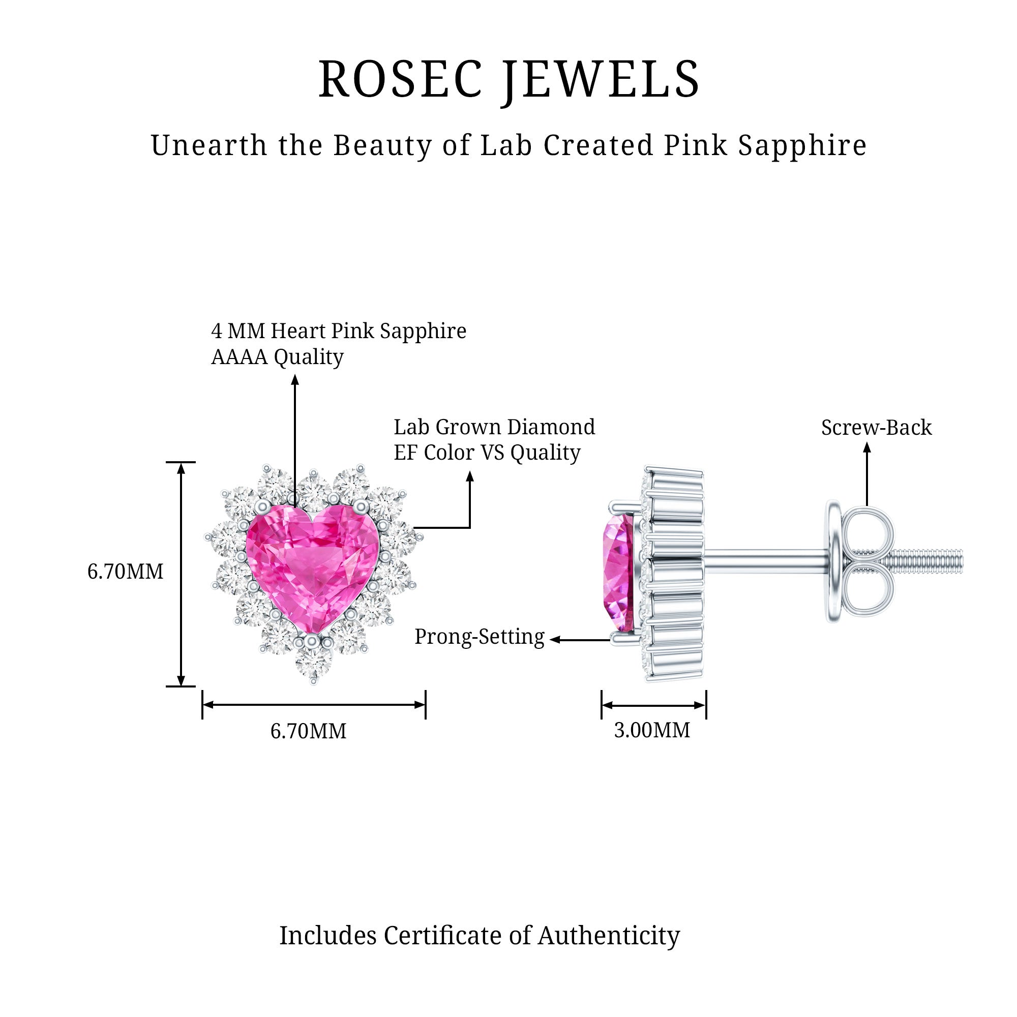 0.6 Carat Lab Grown Pink Sapphire Heart Stud Earrings with Diamond Halo AAAA 92.5 Sterling Silver - Rosec Jewels