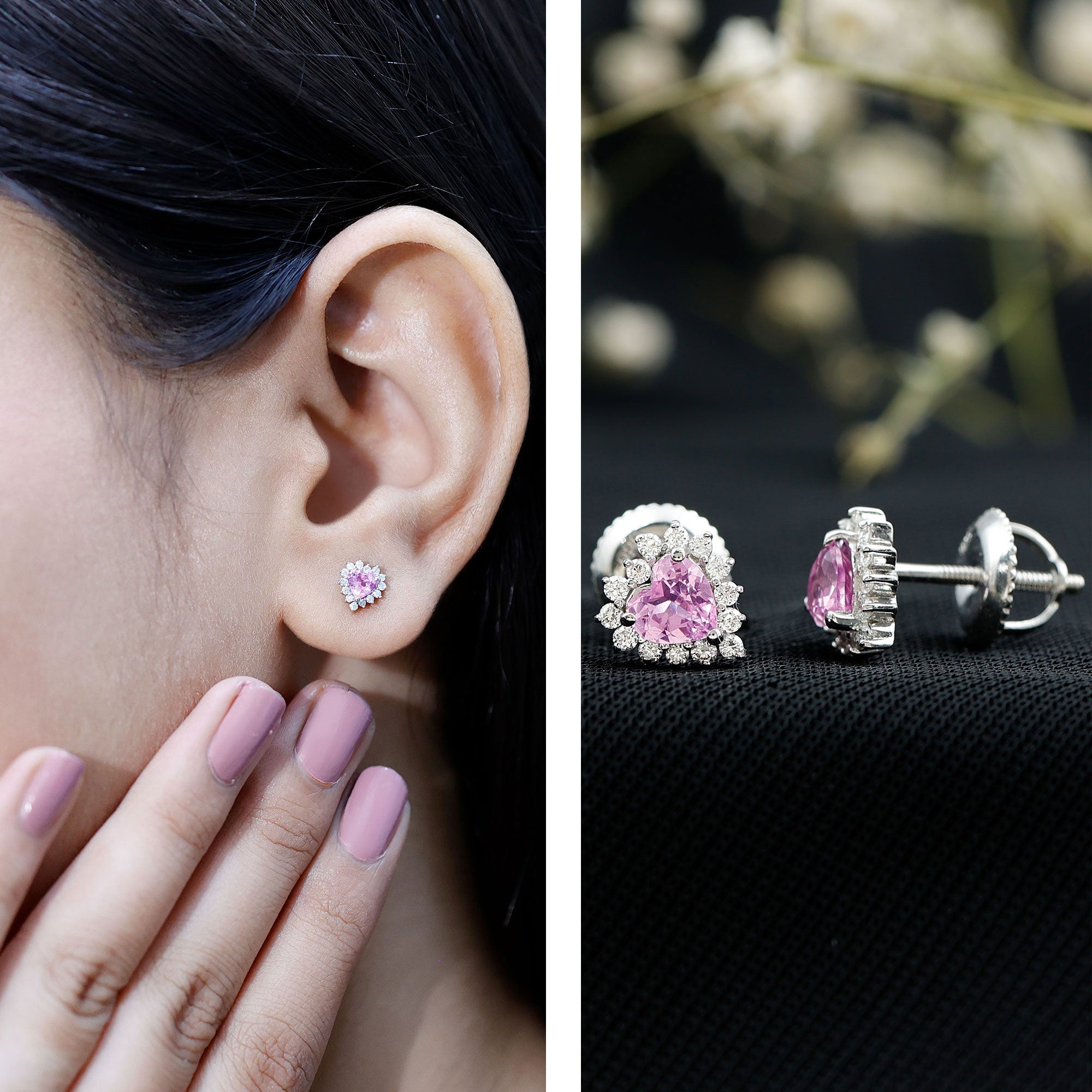 0.6 Carat Lab Grown Pink Sapphire Heart Stud Earrings with Diamond Halo AAAA 92.5 Sterling Silver - Rosec Jewels