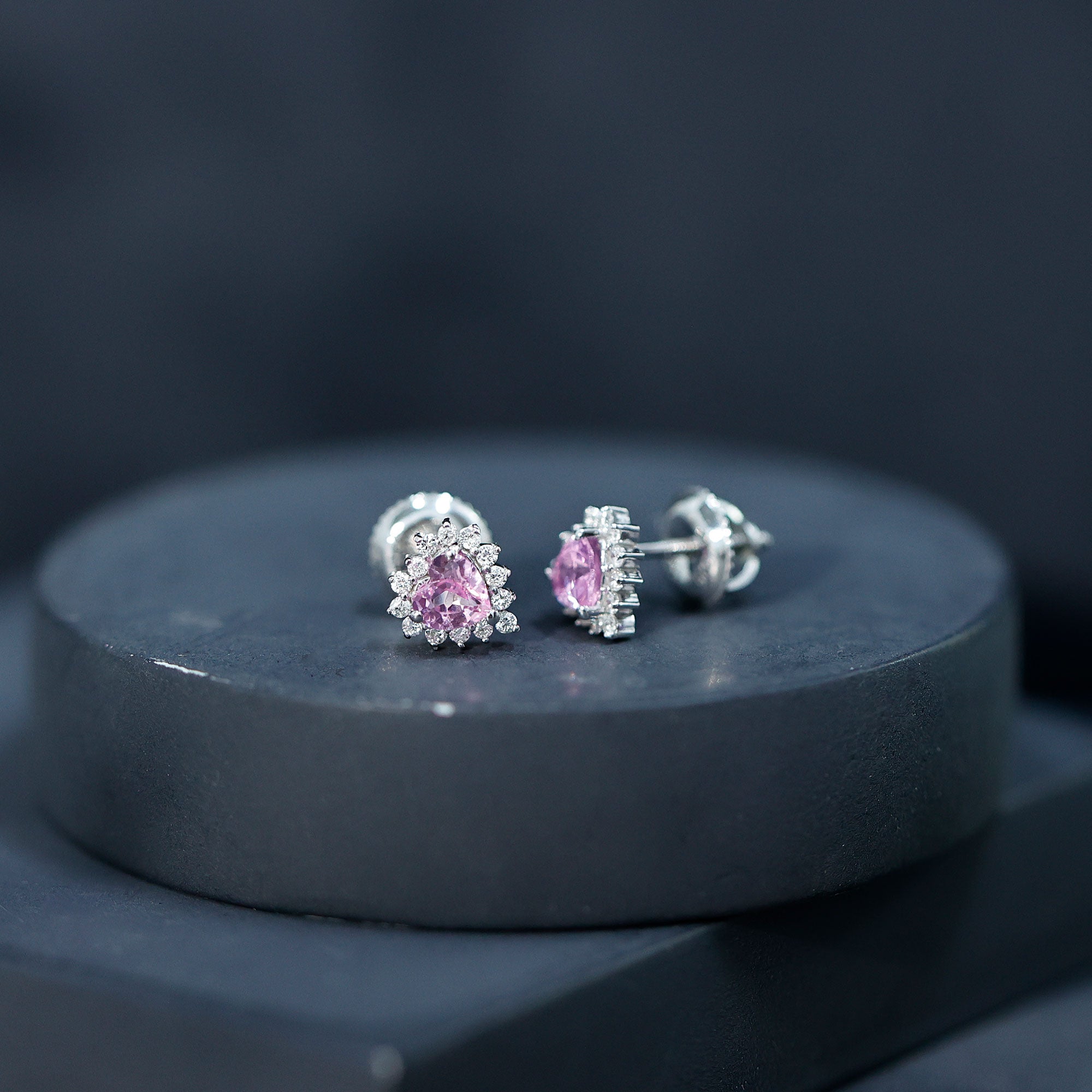 0.6 Carat Lab Grown Pink Sapphire Heart Stud Earrings with Diamond Halo AAAA 92.5 Sterling Silver - Rosec Jewels
