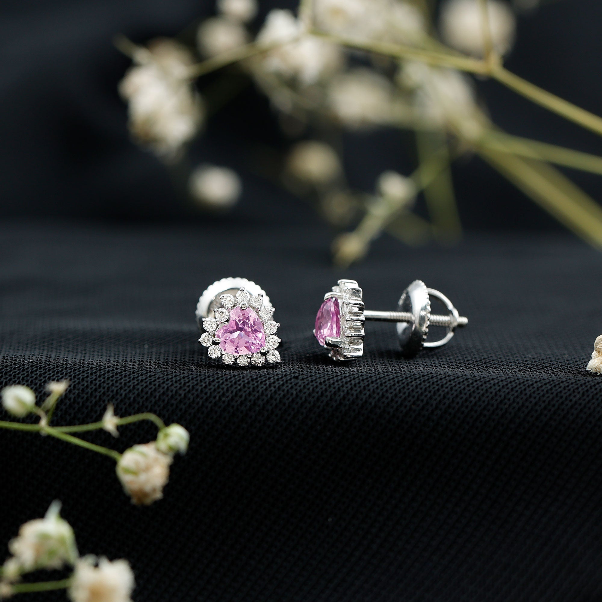 0.6 Carat Lab Grown Pink Sapphire Heart Stud Earrings with Diamond Halo AAAA 92.5 Sterling Silver - Rosec Jewels