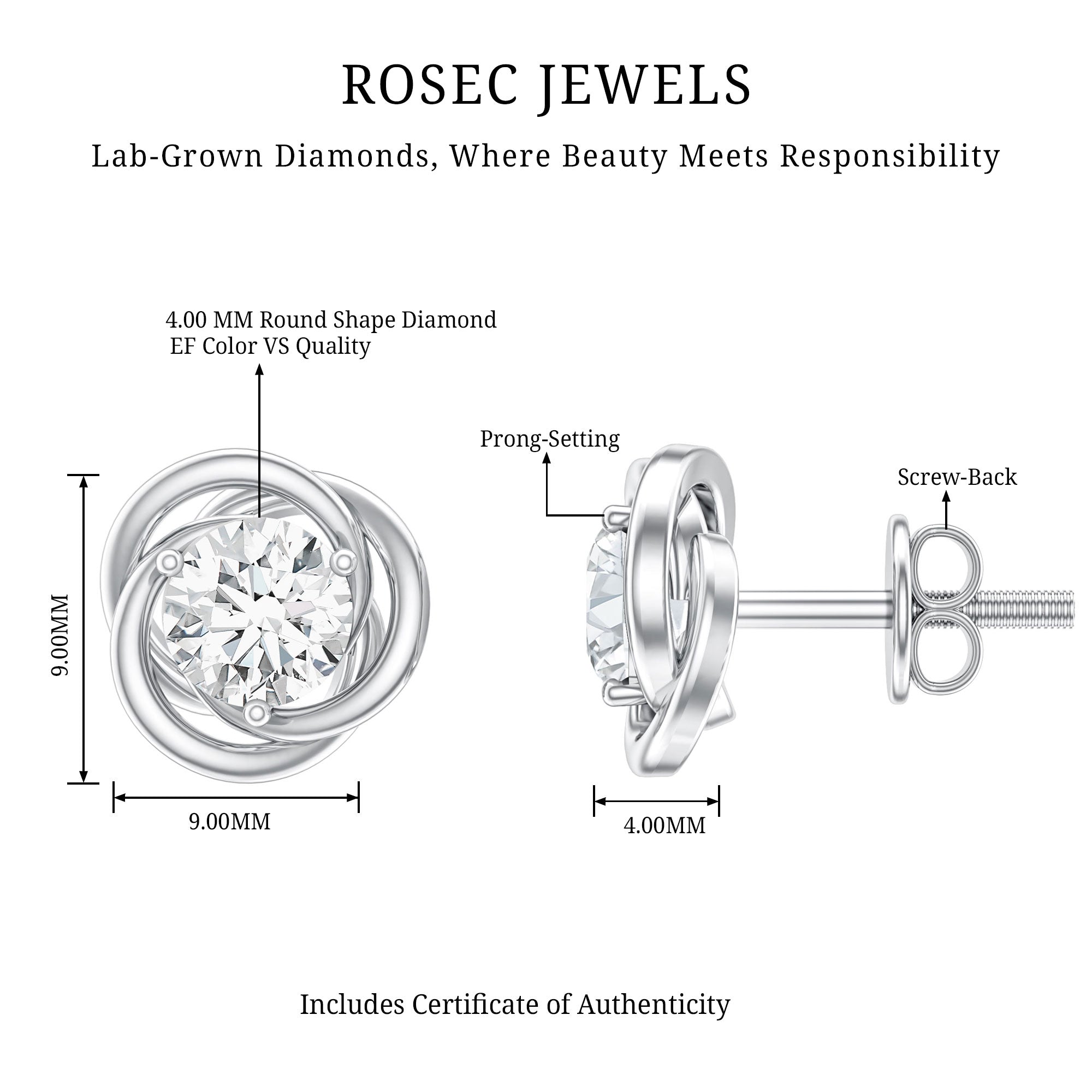 Certified Lab Grown Diamond Swirl Earrings With Screw Back Lab - ( EF-VS ) - Rosec Jewels