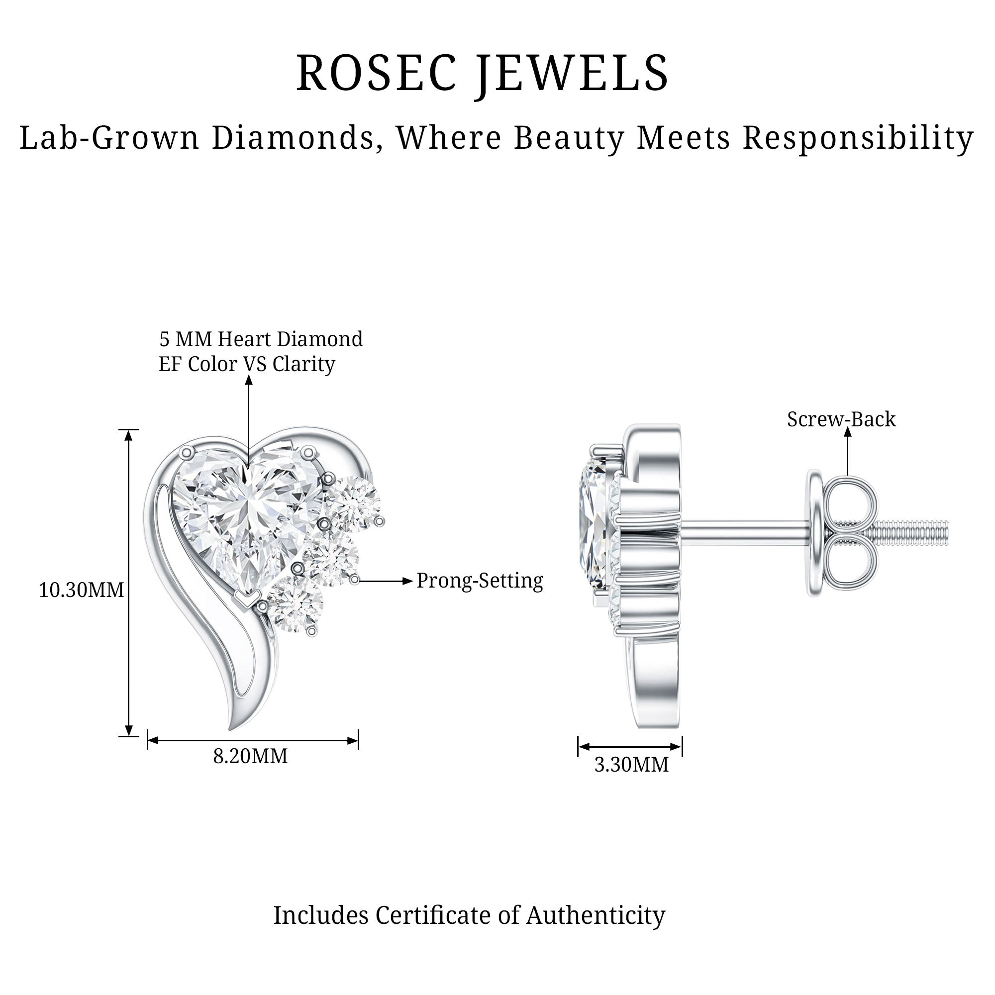 Heart Shape Lab Grown Diamond Minimal Stud Earrings with Screw Back Lab - ( EF-VS ) - Rosec Jewels