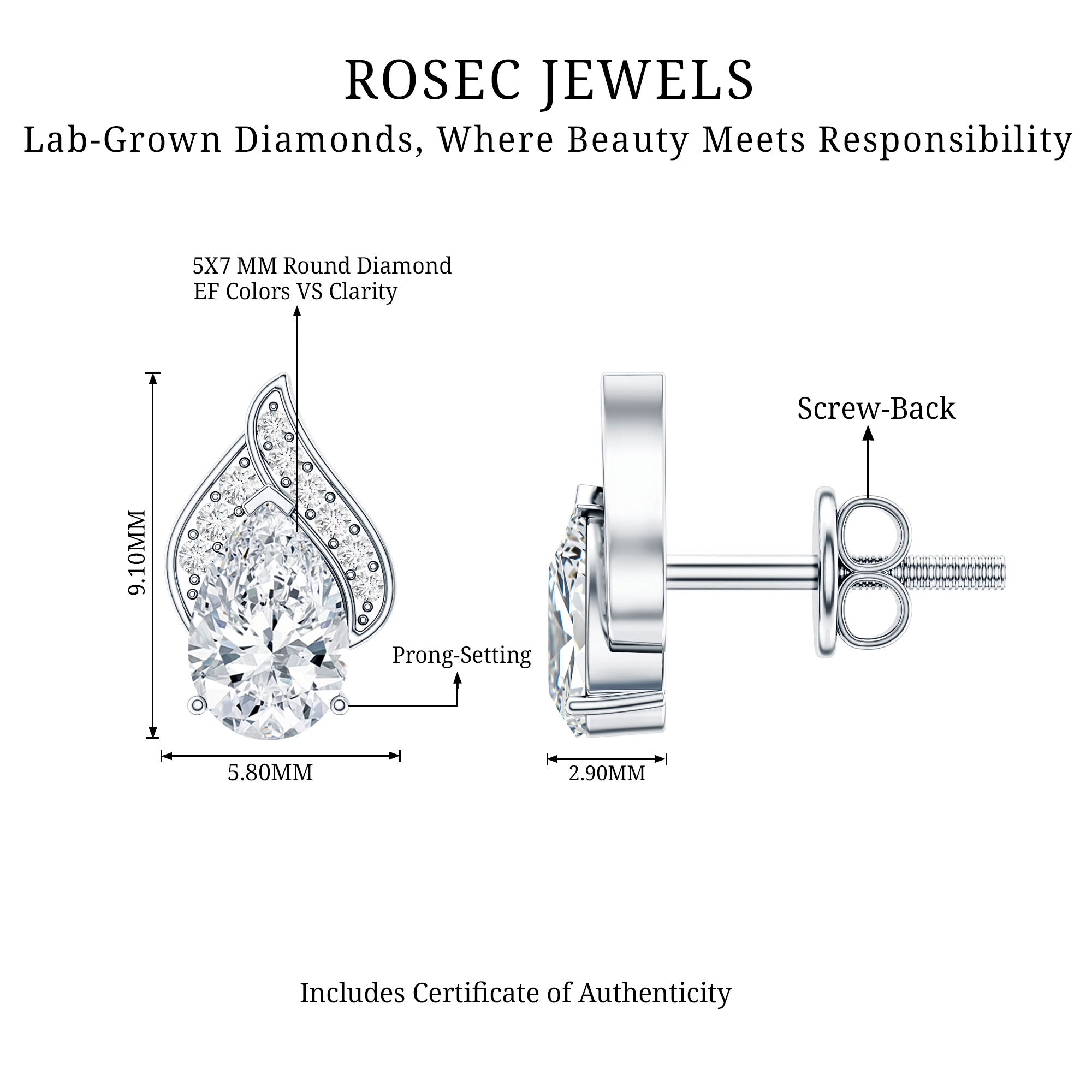 Pear Shape Lab Grown Diamond Classic Stud Earrings Lab - ( EF-VS ) - Rosec Jewels