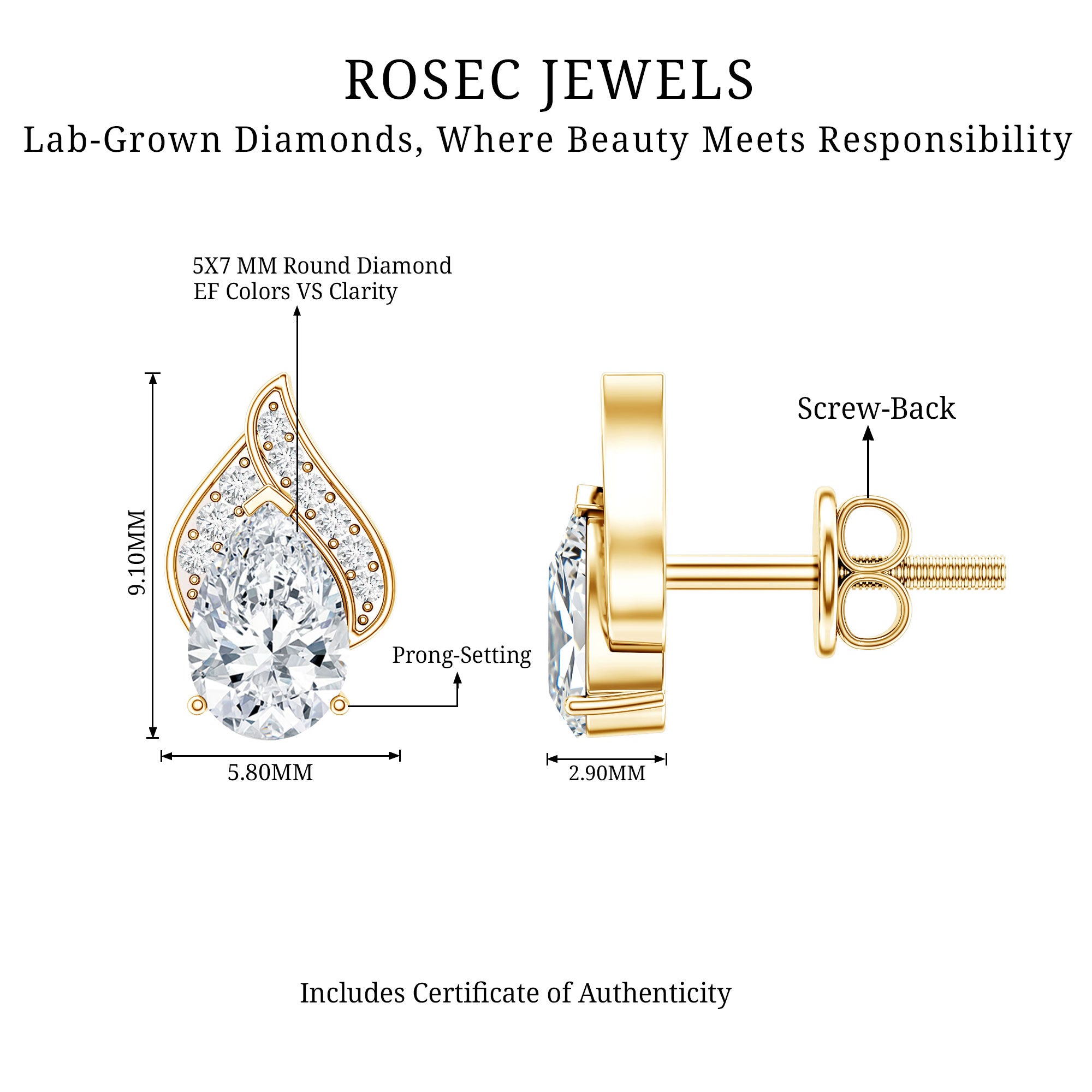 Pear Shape Lab Grown Diamond Classic Stud Earrings Lab - ( EF-VS ) - Rosec Jewels