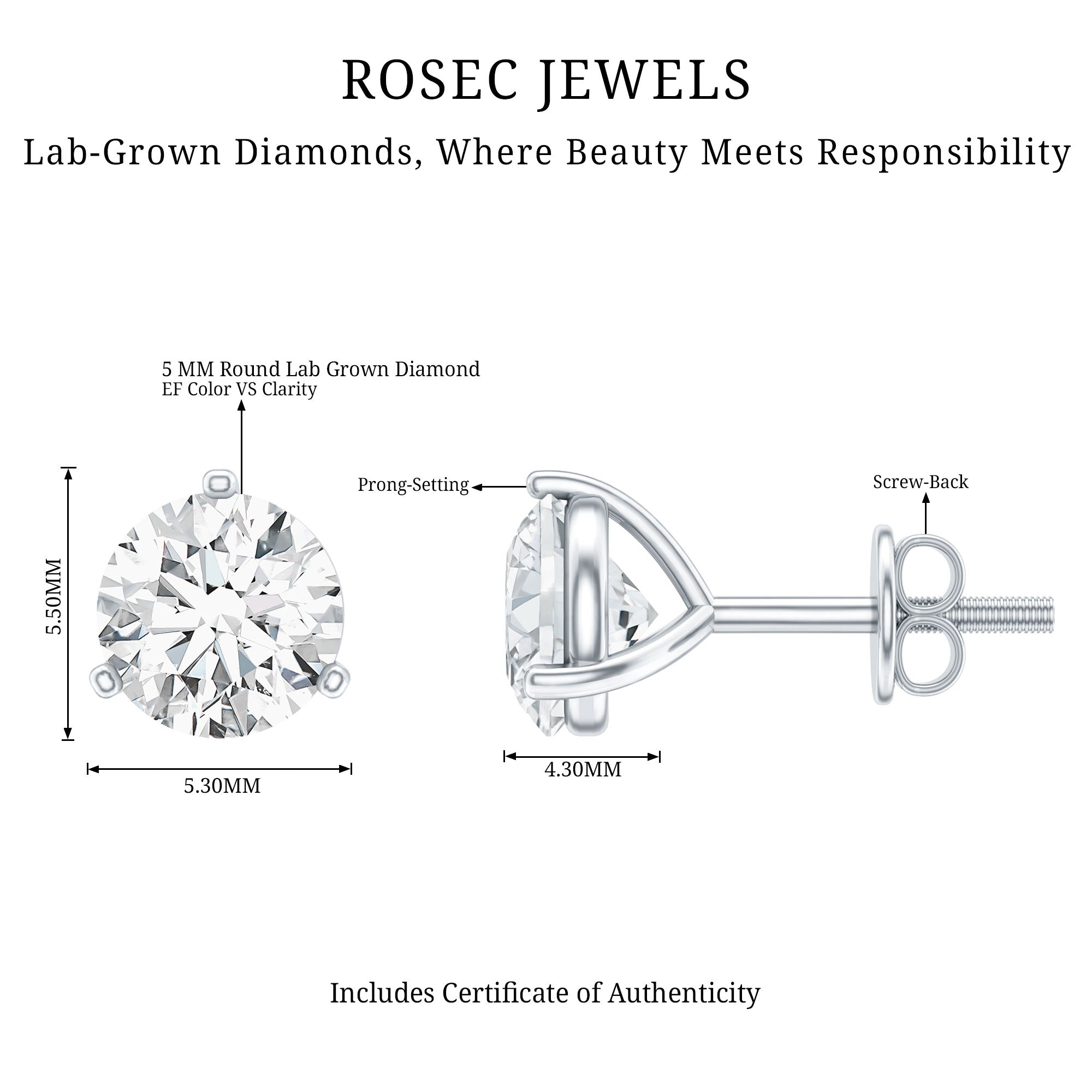 Solitaire Lab Grown Diamond Martini Stud Earrings Lab - ( EF-VS ) - Rosec Jewels