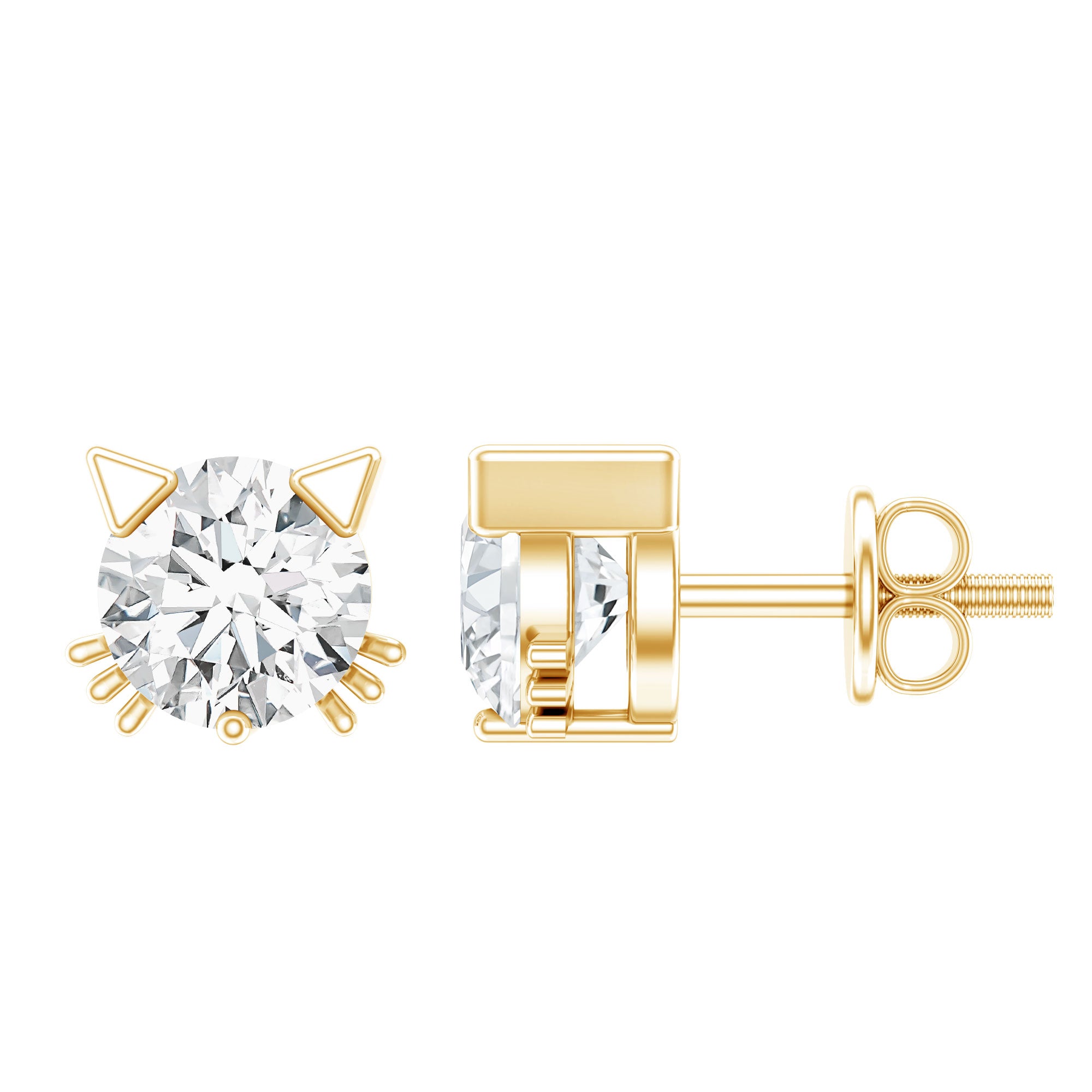 Cute Cat Stud Earrings with Lab Grown Diamond Lab - ( EF-VS ) - Rosec Jewels