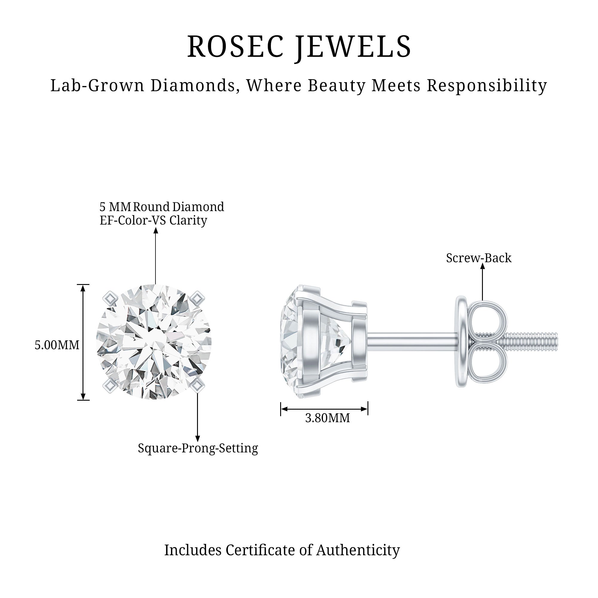 Certified 1 Carat Lab Grown Diamond Stud Earrings with Screw Back Lab - ( EF-VS ) 92.5 Sterling Silver - Rosec Jewels
