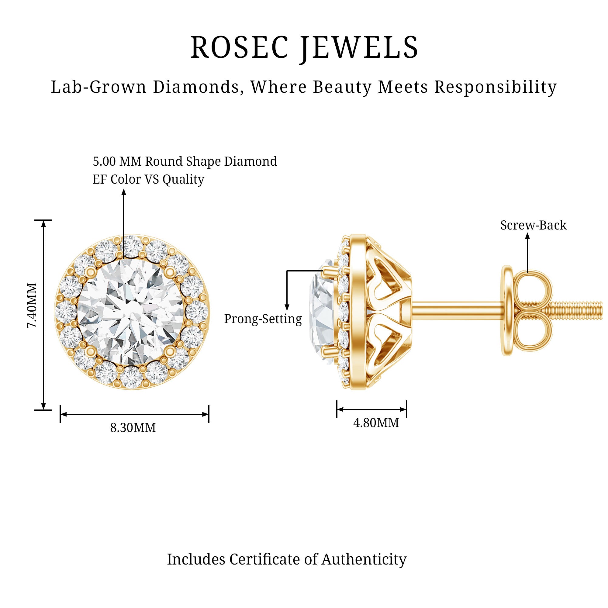 Classic Lab Grown Diamond Stud Earrings with Halo Lab - ( EF-VS ) - Rosec Jewels