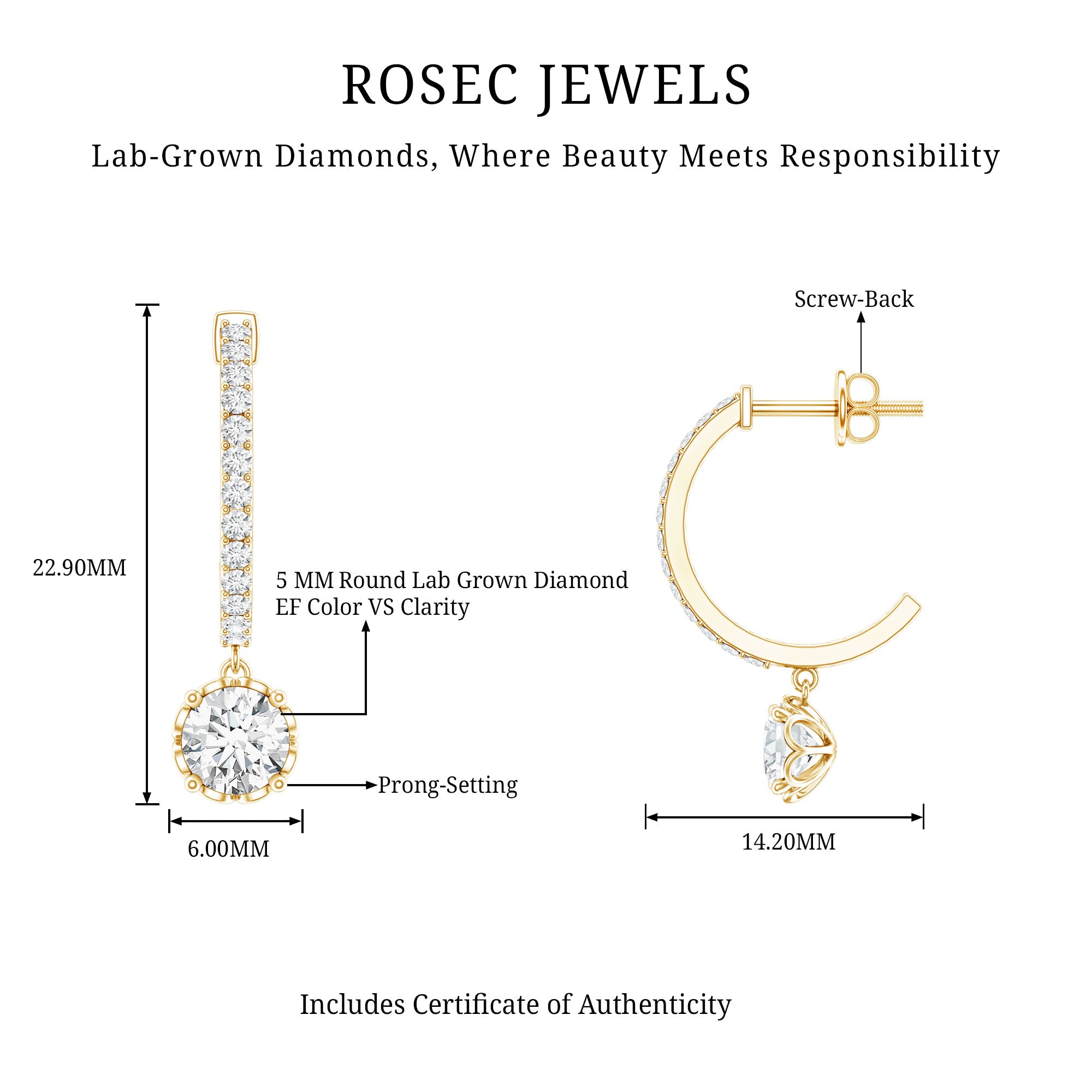 Lab Grown Diamond Minimal Hoop Drop Earrings Lab - ( EF-VS ) - Rosec Jewels