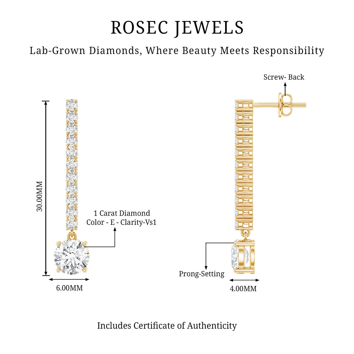 2 Carat Lab Grown Diamond Drop Earrings with IGI Certificate Lab - ( E-VS1 ) - Rosec Jewels