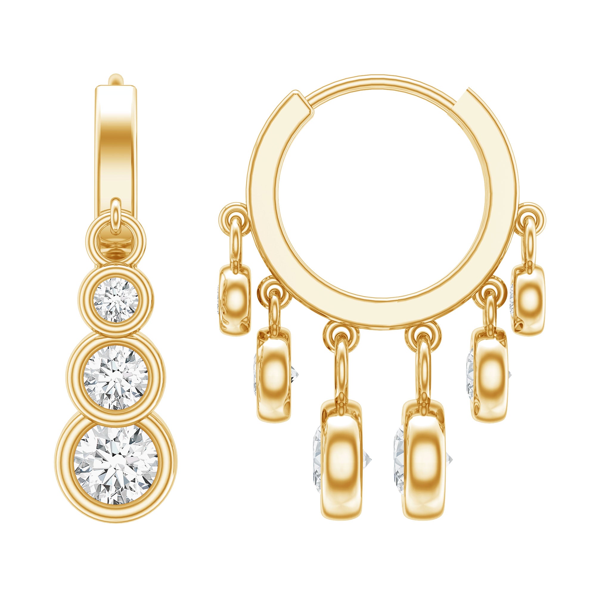 Bezel Set Moissanite Hinged Hoop Drop Earrings in Silver D-VS1 14K Yellow Gold Plated Silver - Rosec Jewels