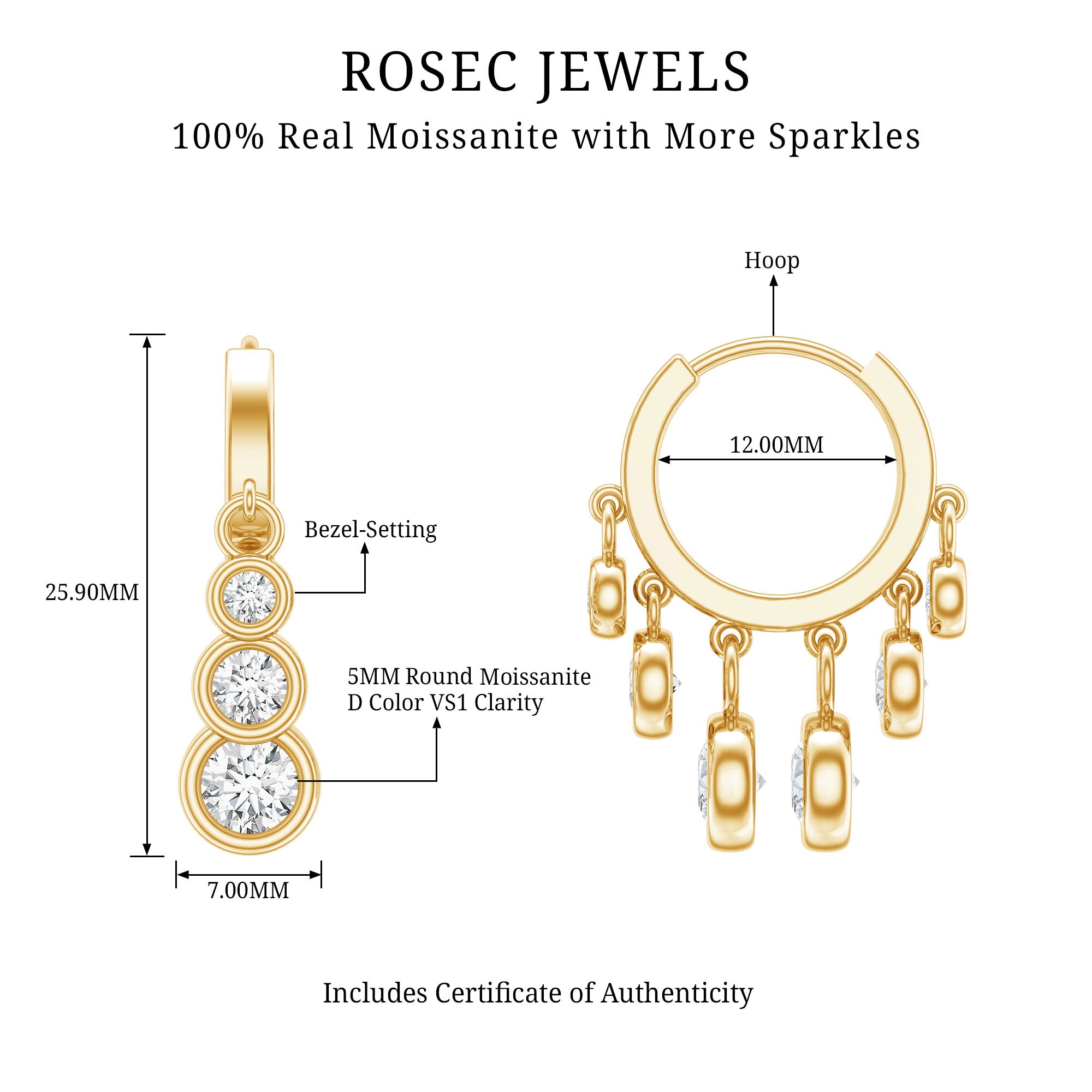 Bezel Set Moissanite Hinged Hoop Drop Earrings in Silver D-VS1 14K Yellow Gold Plated Silver - Rosec Jewels