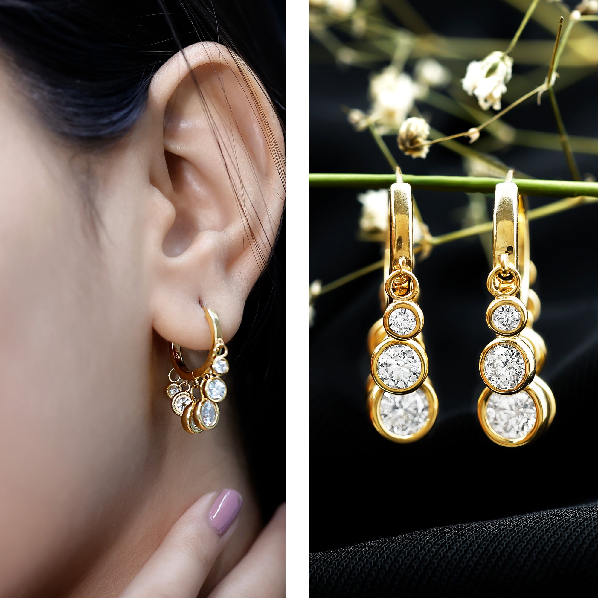 Bezel Set Moissanite Hinged Hoop Drop Earrings in Silver D-VS1 14K Yellow Gold Plated Silver - Rosec Jewels