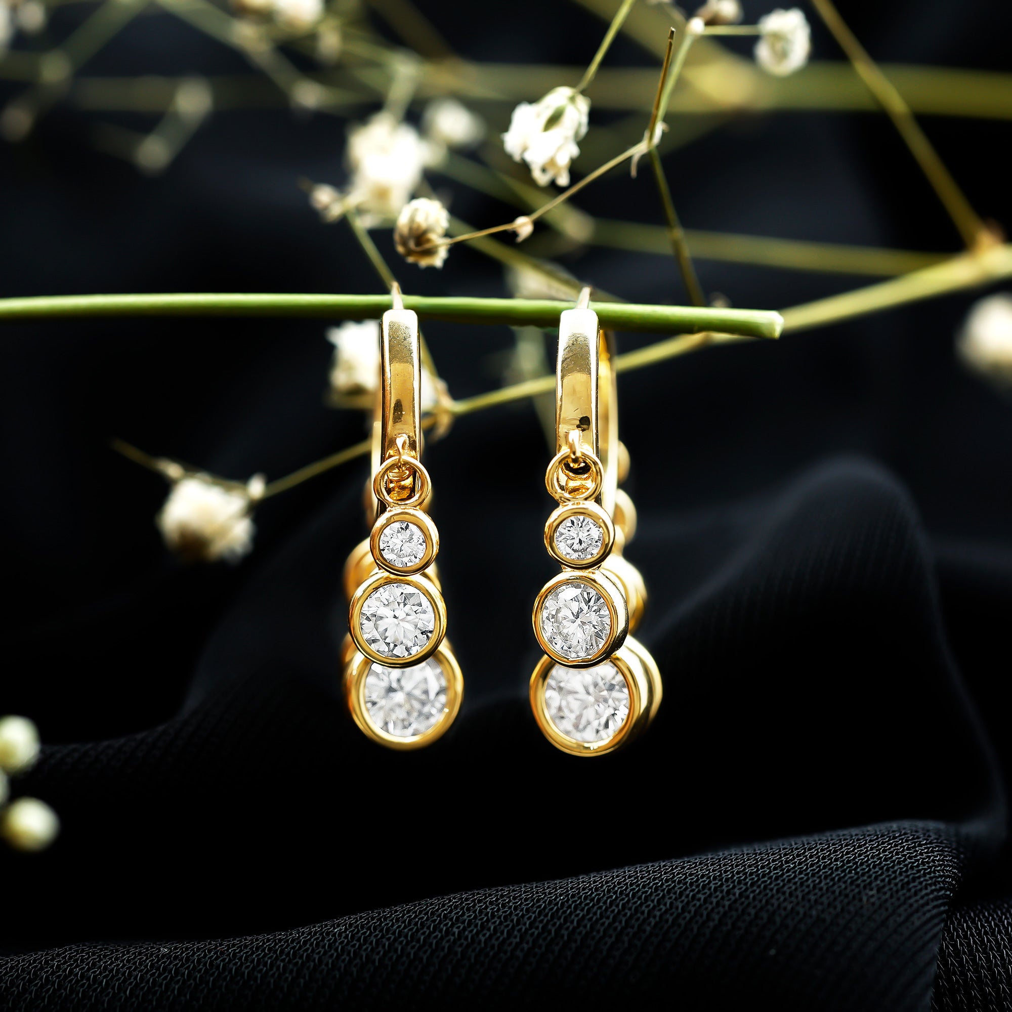 Bezel Set Moissanite Hinged Hoop Drop Earrings in Silver D-VS1 14K Yellow Gold Plated Silver - Rosec Jewels