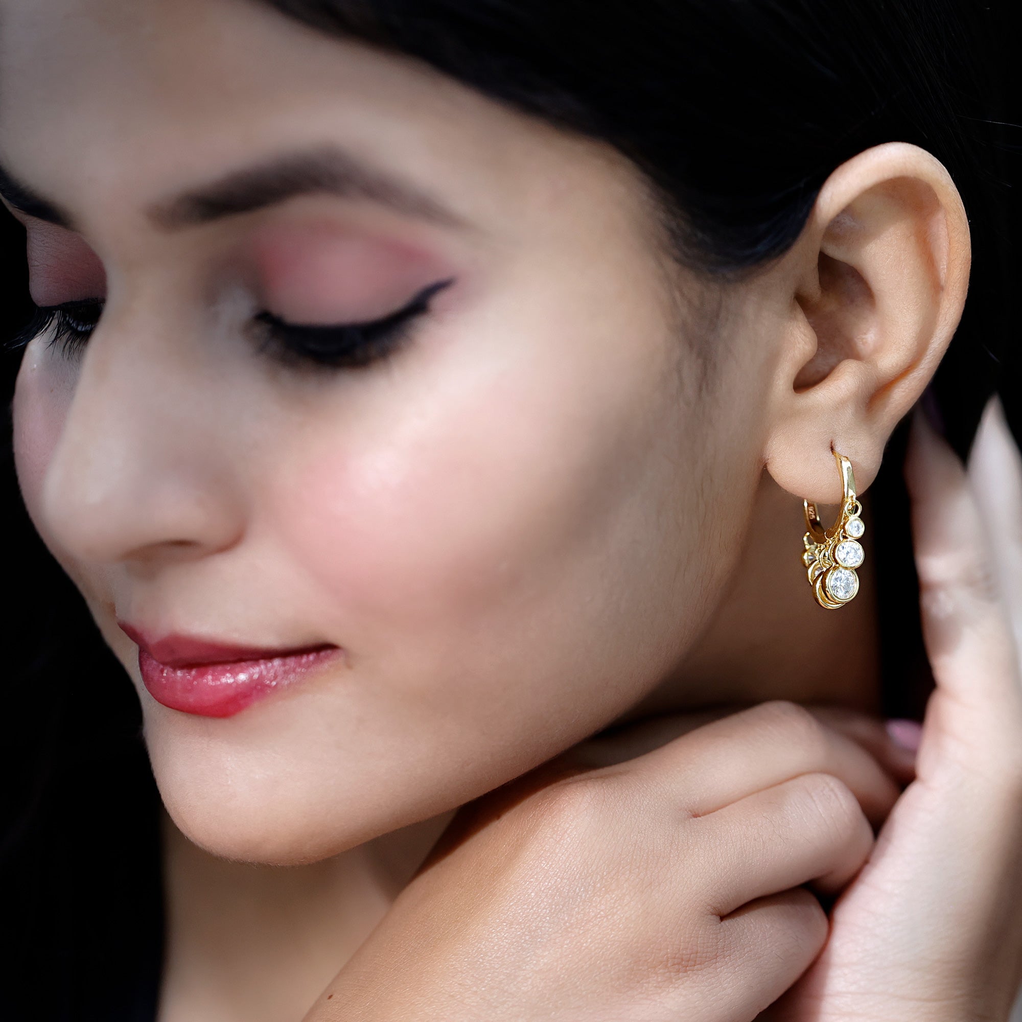 Bezel Set Moissanite Hinged Hoop Drop Earrings in Silver D-VS1 14K Yellow Gold Plated Silver - Rosec Jewels