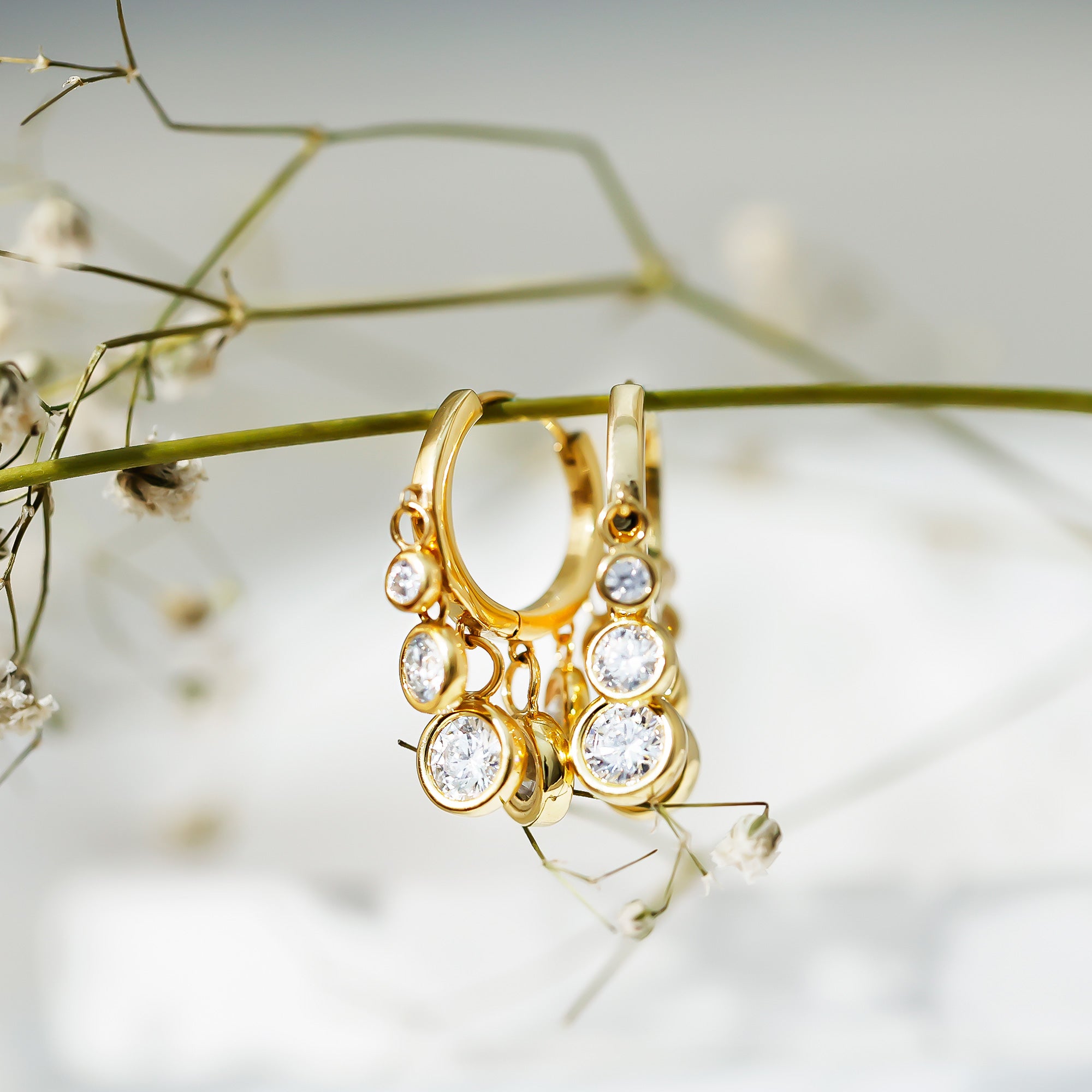 Bezel Set Moissanite Hinged Hoop Drop Earrings in Silver D-VS1 14K Yellow Gold Plated Silver - Rosec Jewels