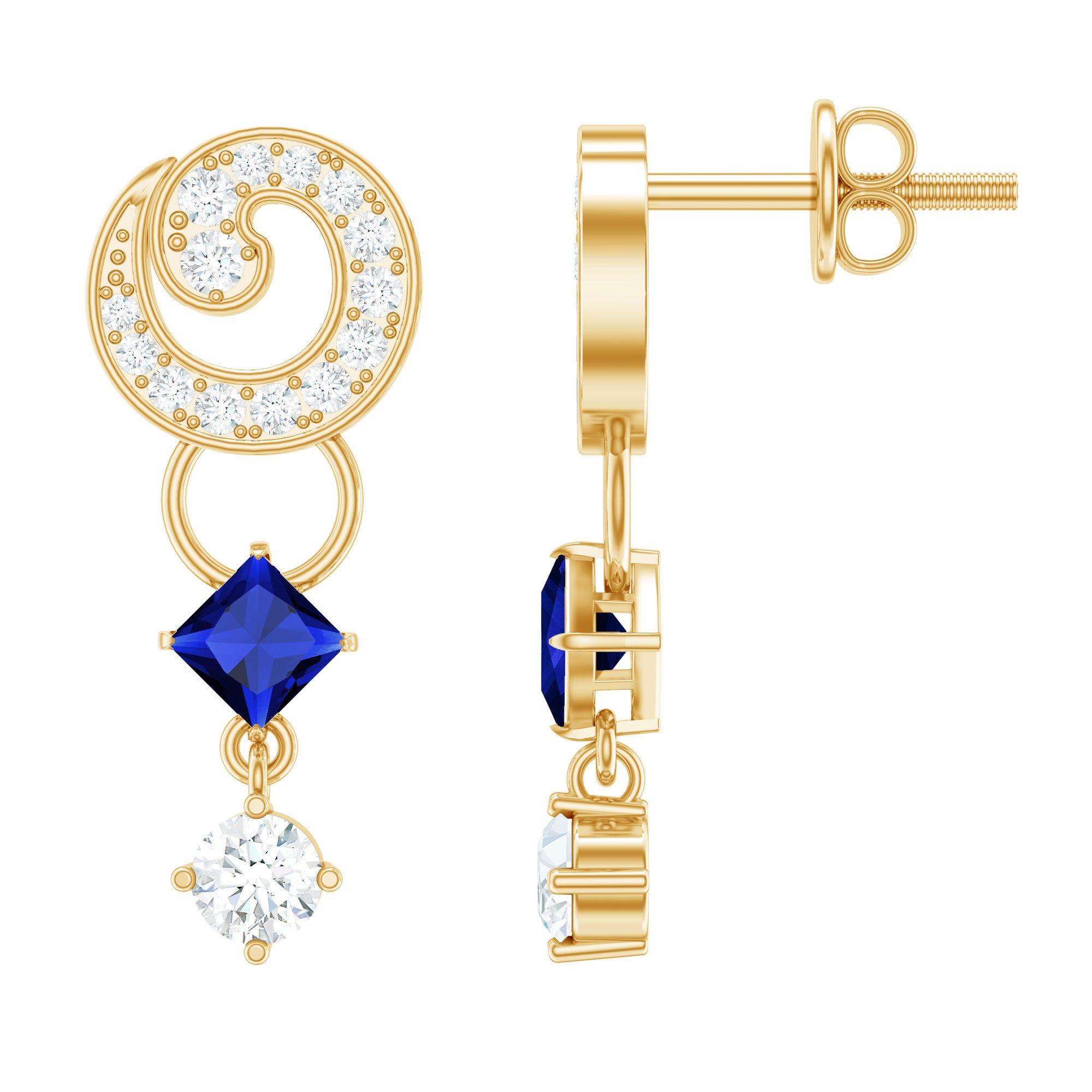 Lab Grown Blue Sapphire and Diamond Wedding Dangle Earrings AAAA 14K Yellow Gold Plated Silver - Rosec Jewels