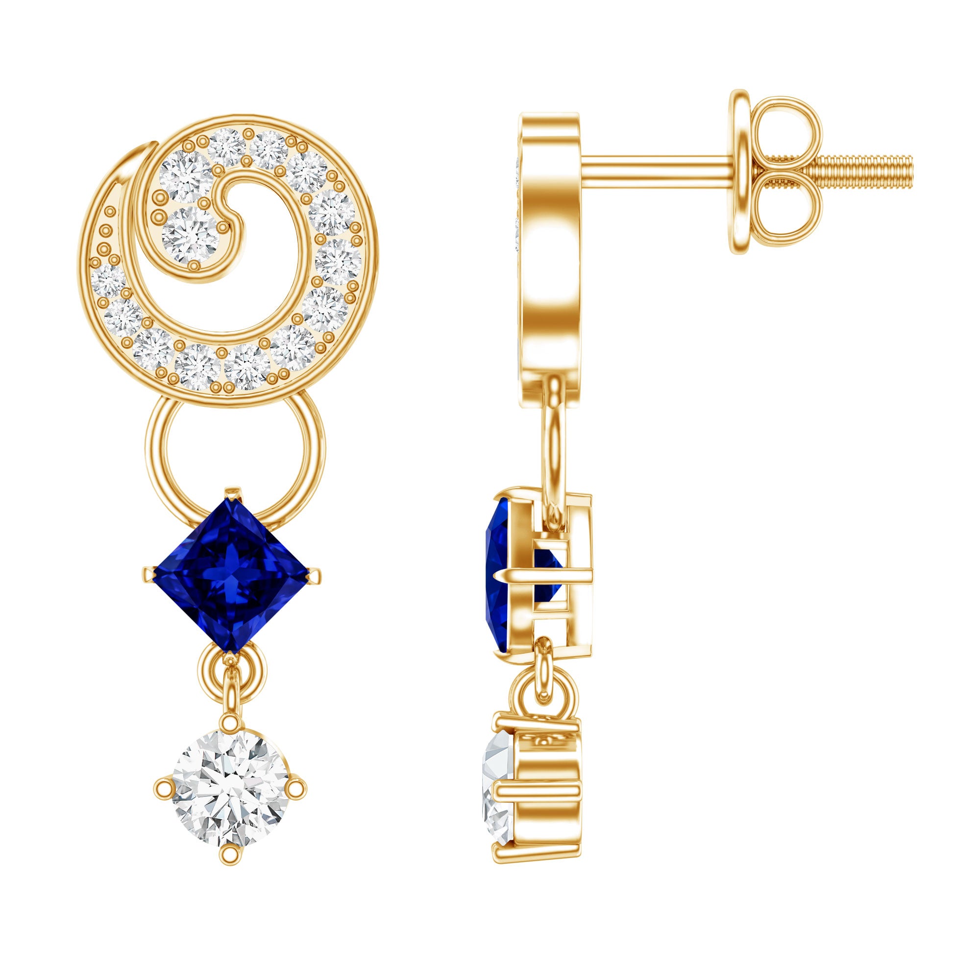 Lab Grown Blue Sapphire and Diamond Wedding Dangle Earrings AAAA 14K Yellow Gold Plated Silver - Rosec Jewels