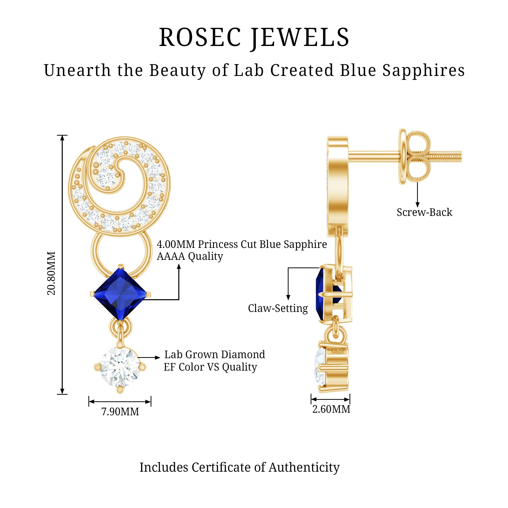 Lab Grown Blue Sapphire and Diamond Wedding Dangle Earrings AAAA 14K Yellow Gold Plated Silver - Rosec Jewels