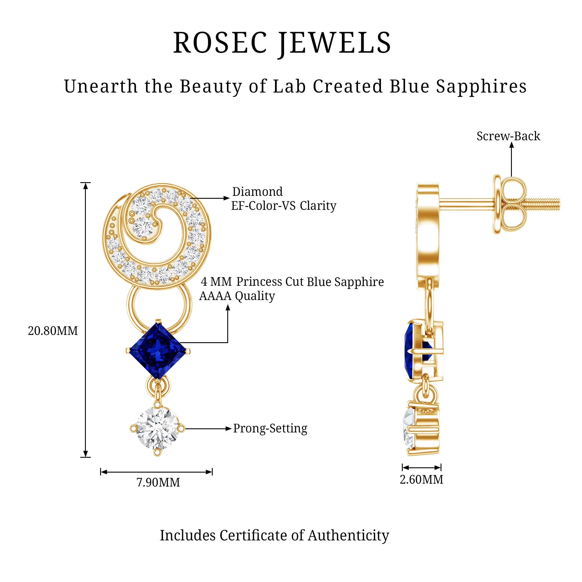 Lab Grown Blue Sapphire and Diamond Wedding Dangle Earrings AAAA 14K Yellow Gold Plated Silver - Rosec Jewels