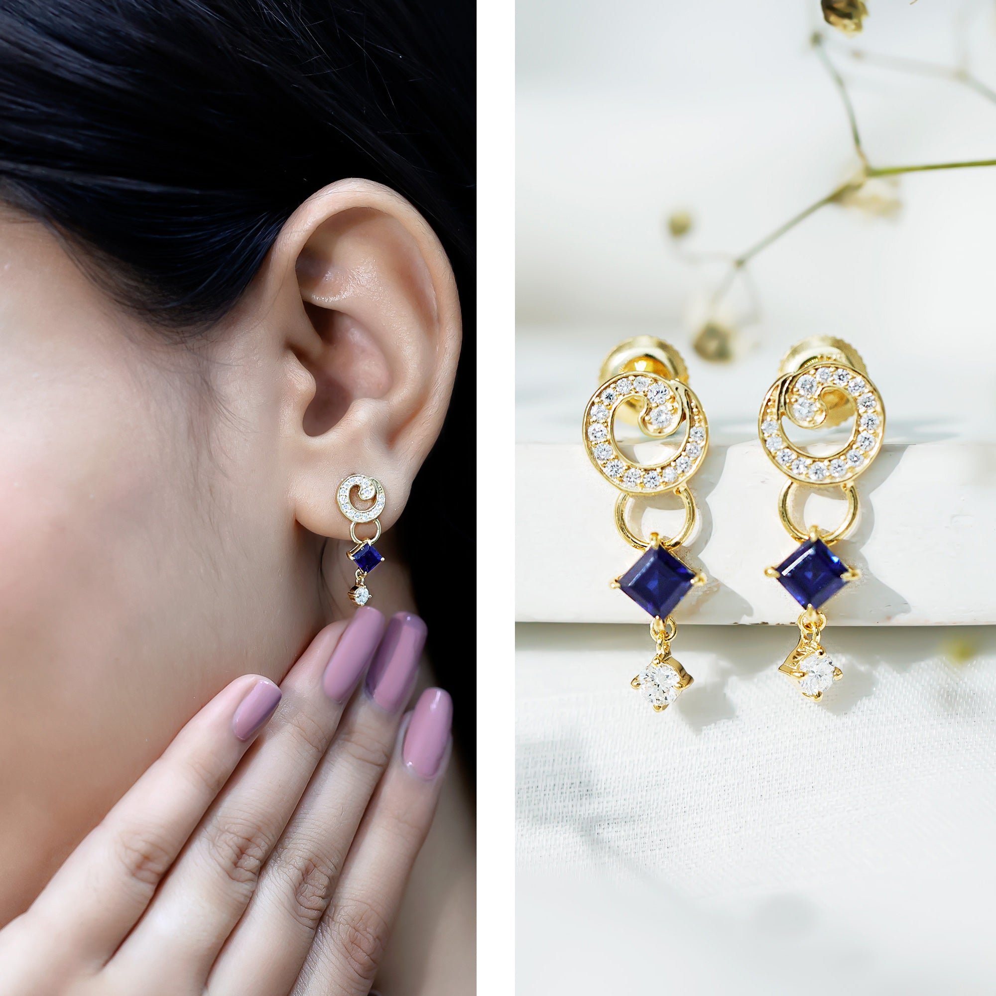 Lab Grown Blue Sapphire and Diamond Wedding Dangle Earrings AAAA 14K Yellow Gold Plated Silver - Rosec Jewels