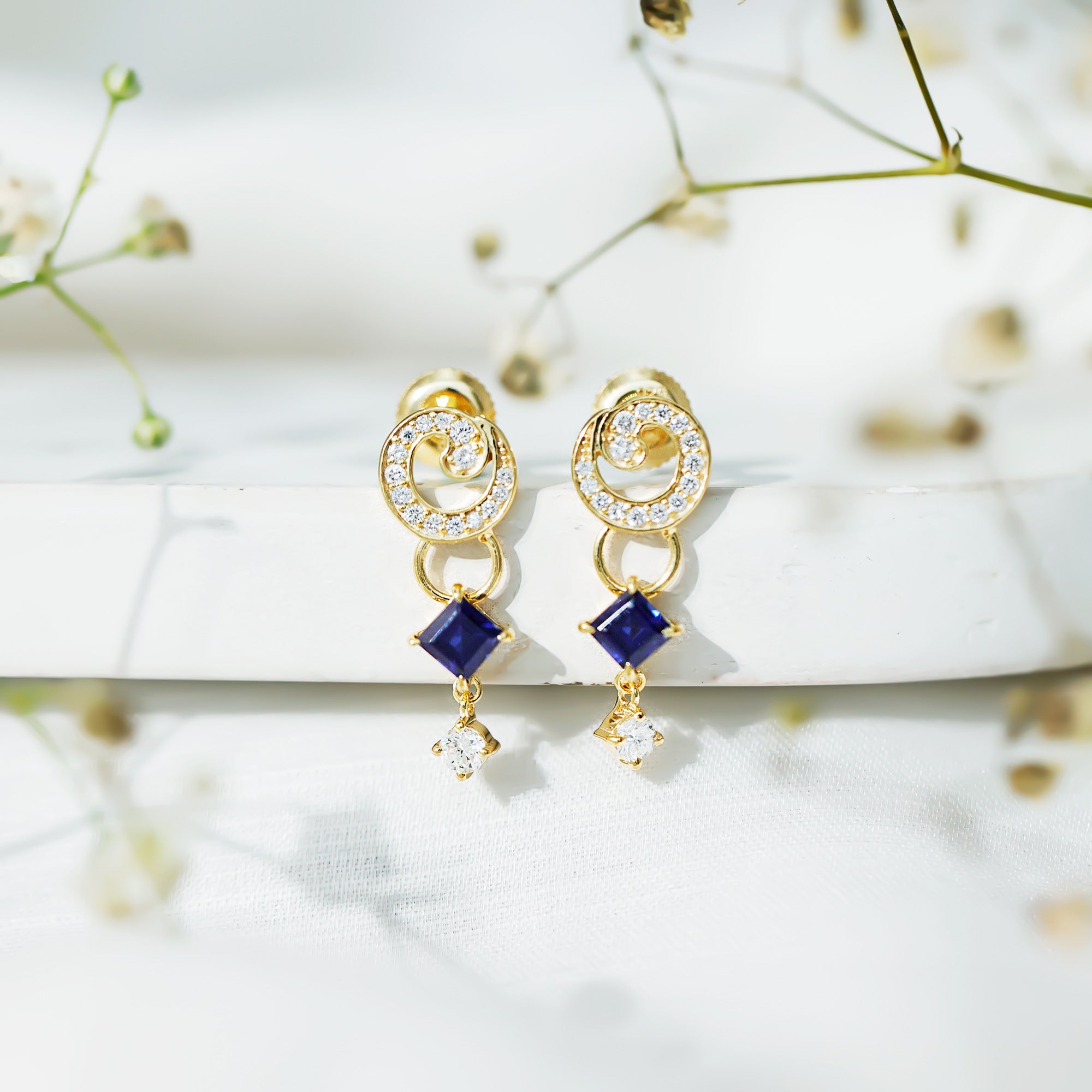 Lab Grown Blue Sapphire and Diamond Wedding Dangle Earrings AAAA 14K Yellow Gold Plated Silver - Rosec Jewels