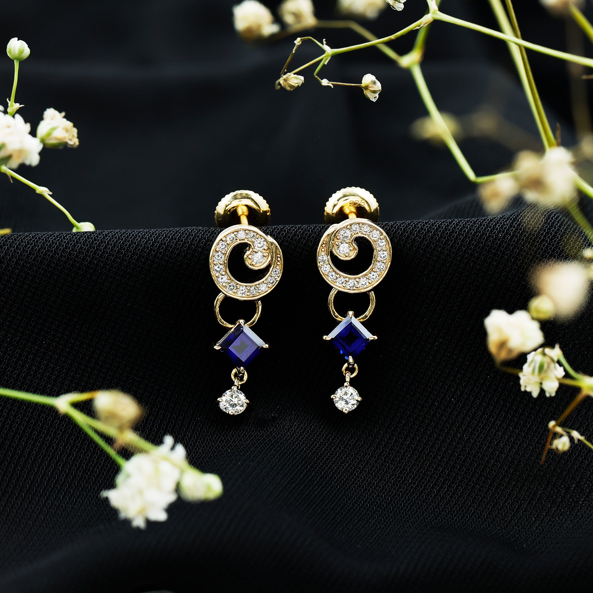 Lab Grown Blue Sapphire and Diamond Wedding Dangle Earrings AAAA 14K Yellow Gold Plated Silver - Rosec Jewels