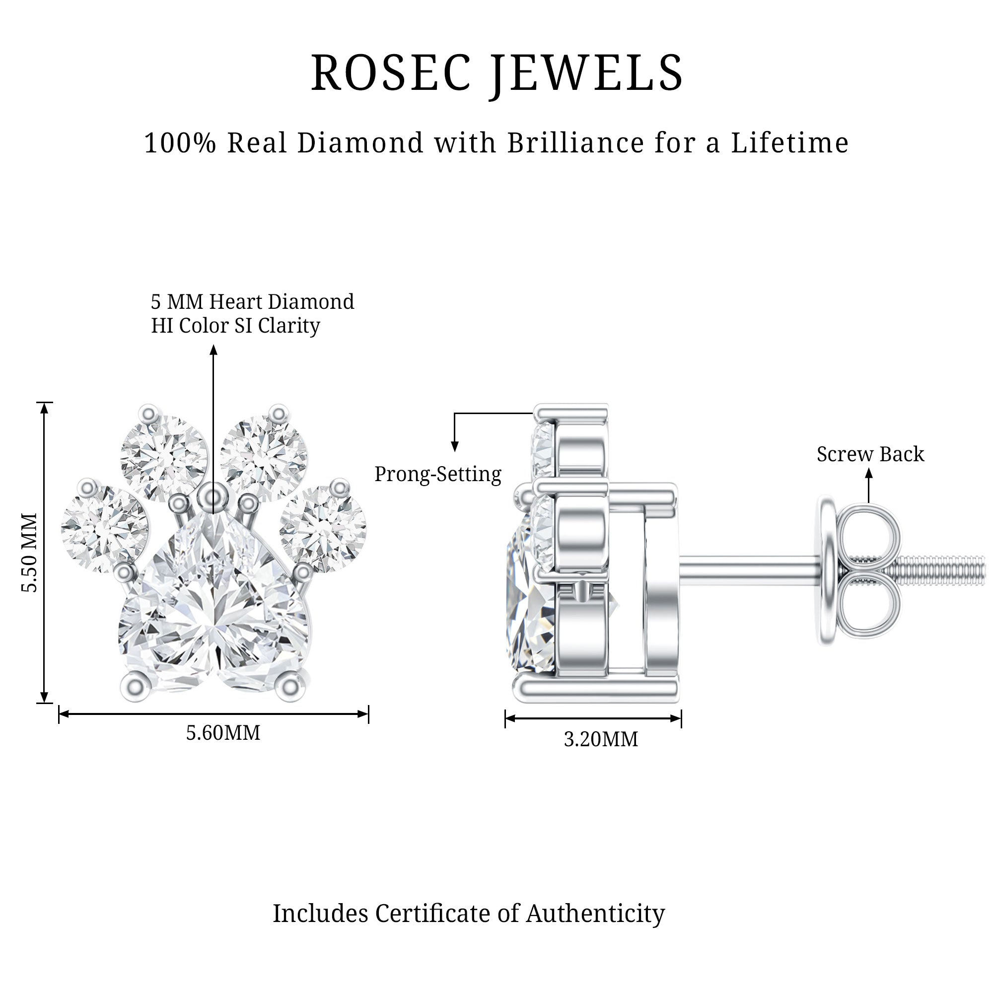 Natural Diamond Paw Stud Earrings for Women Natural - ( HI-SI ) - Rosec Jewels