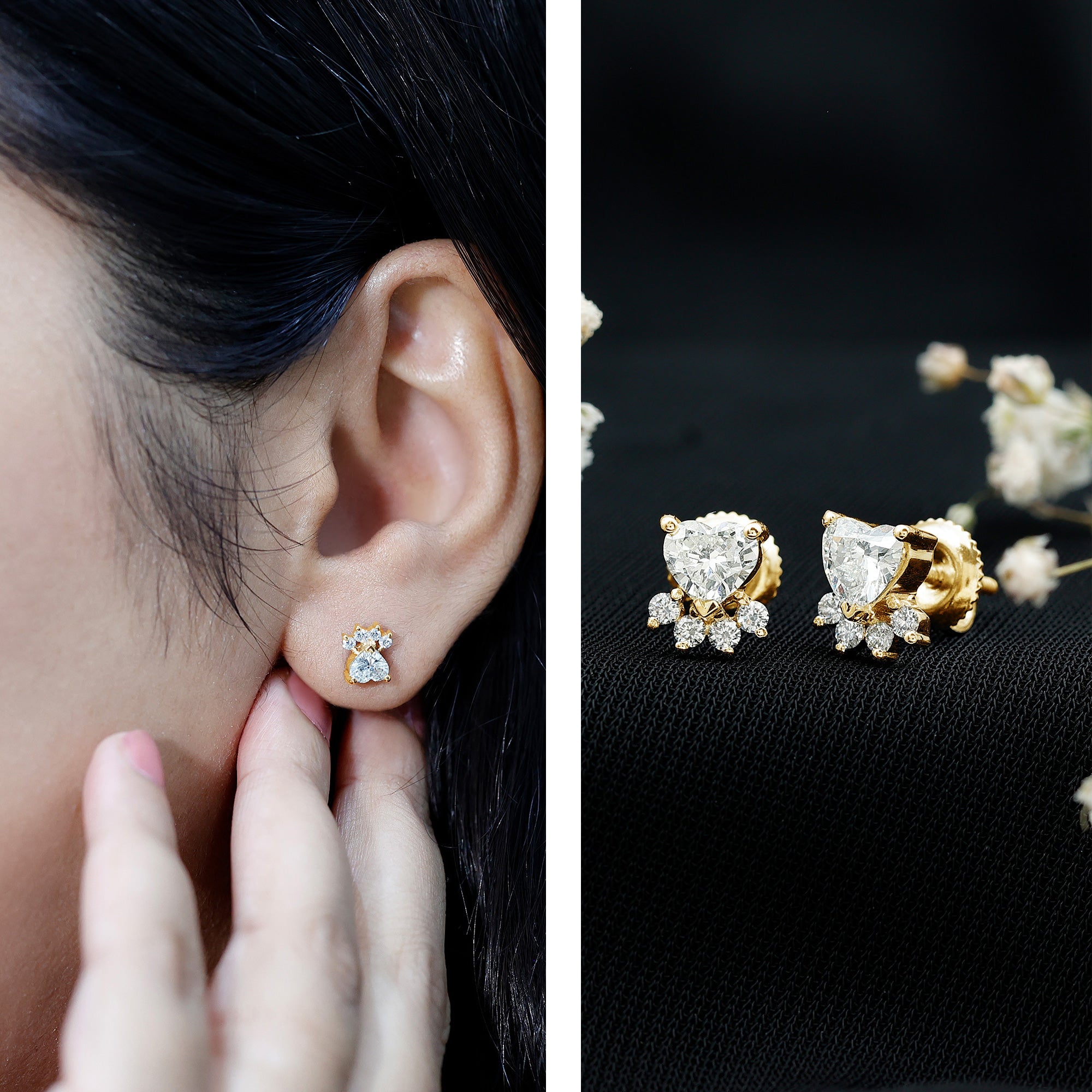 Natural Diamond Paw Stud Earrings for Women Natural - ( HI-SI ) - Rosec Jewels
