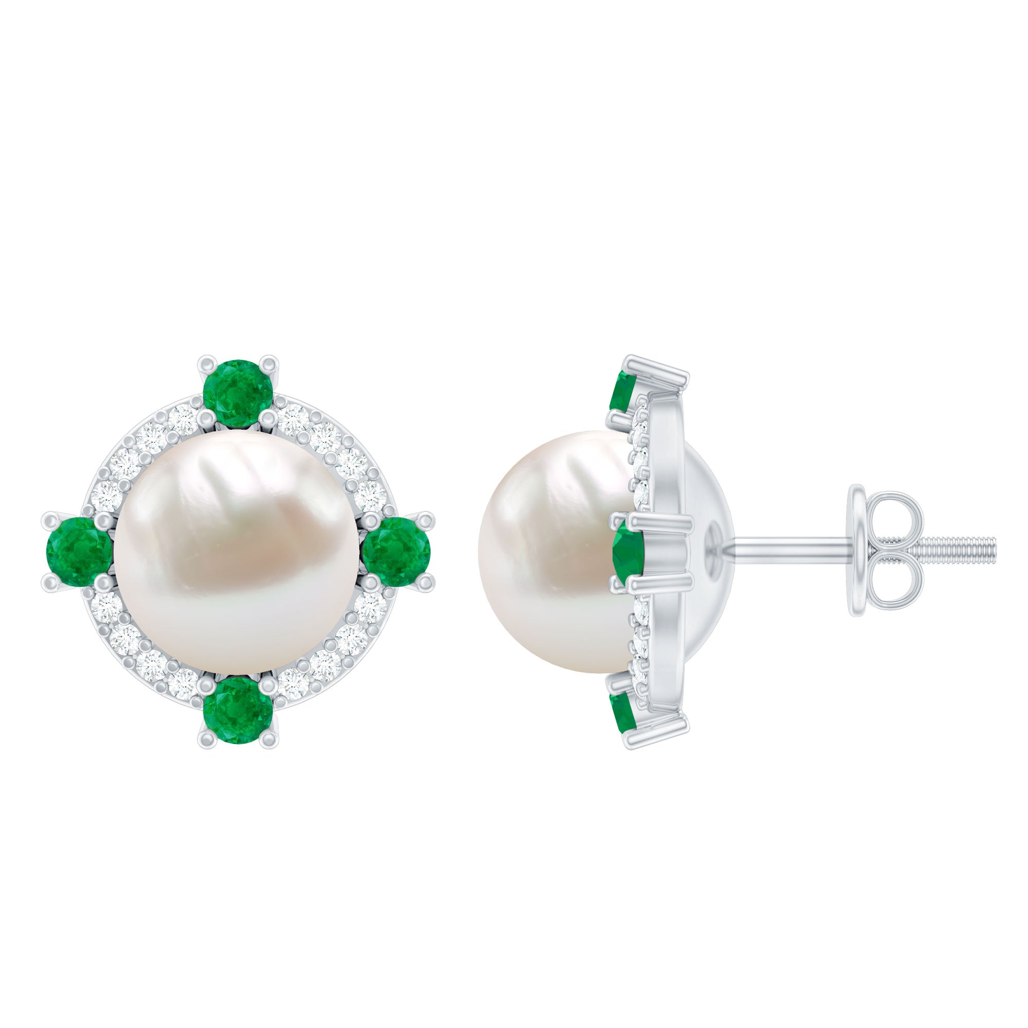 6 Carat Freshwater Pearl Bridal Stud Earrings with Emerald AAA - Rosec Jewels