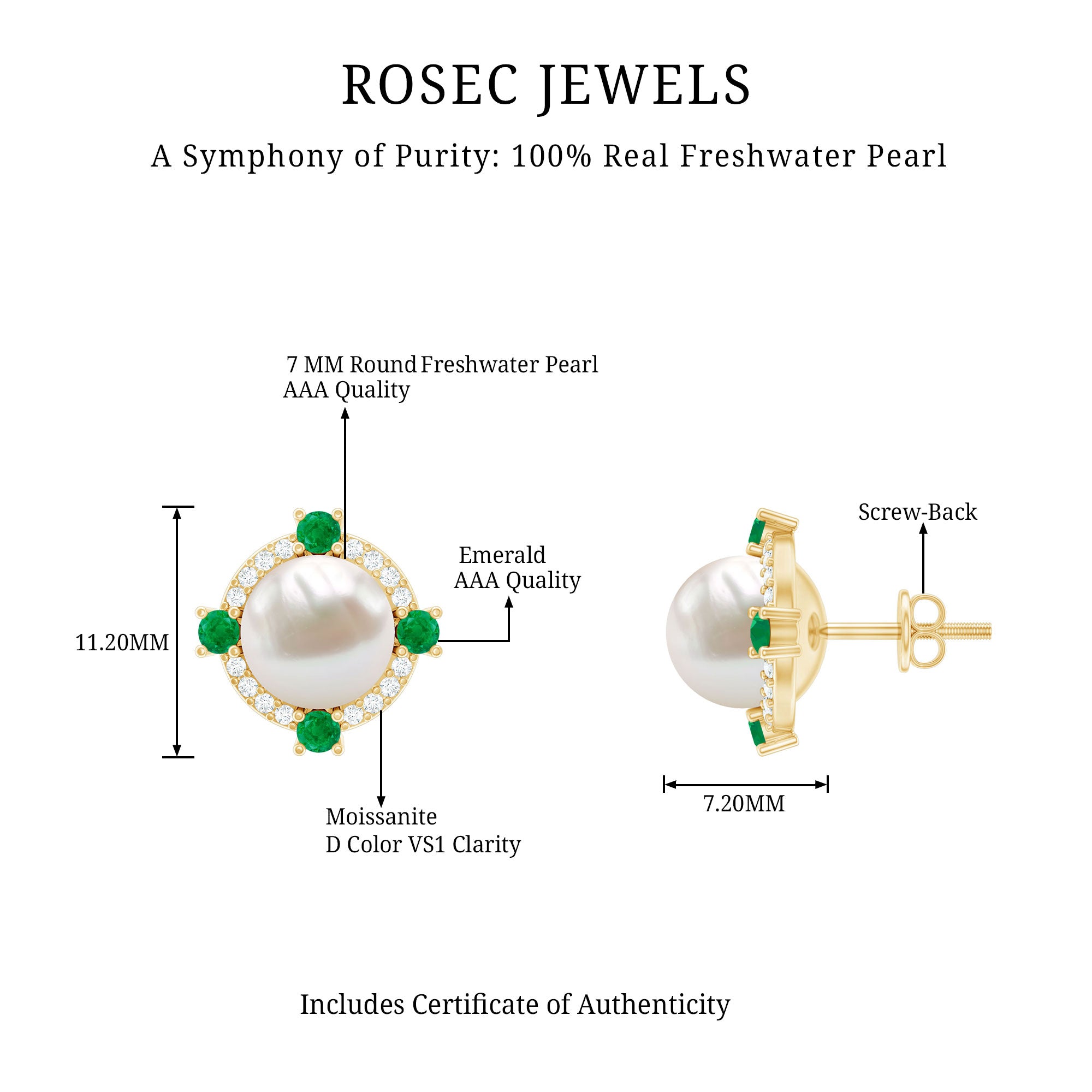6 Carat Freshwater Pearl Bridal Stud Earrings with Emerald AAA - Rosec Jewels