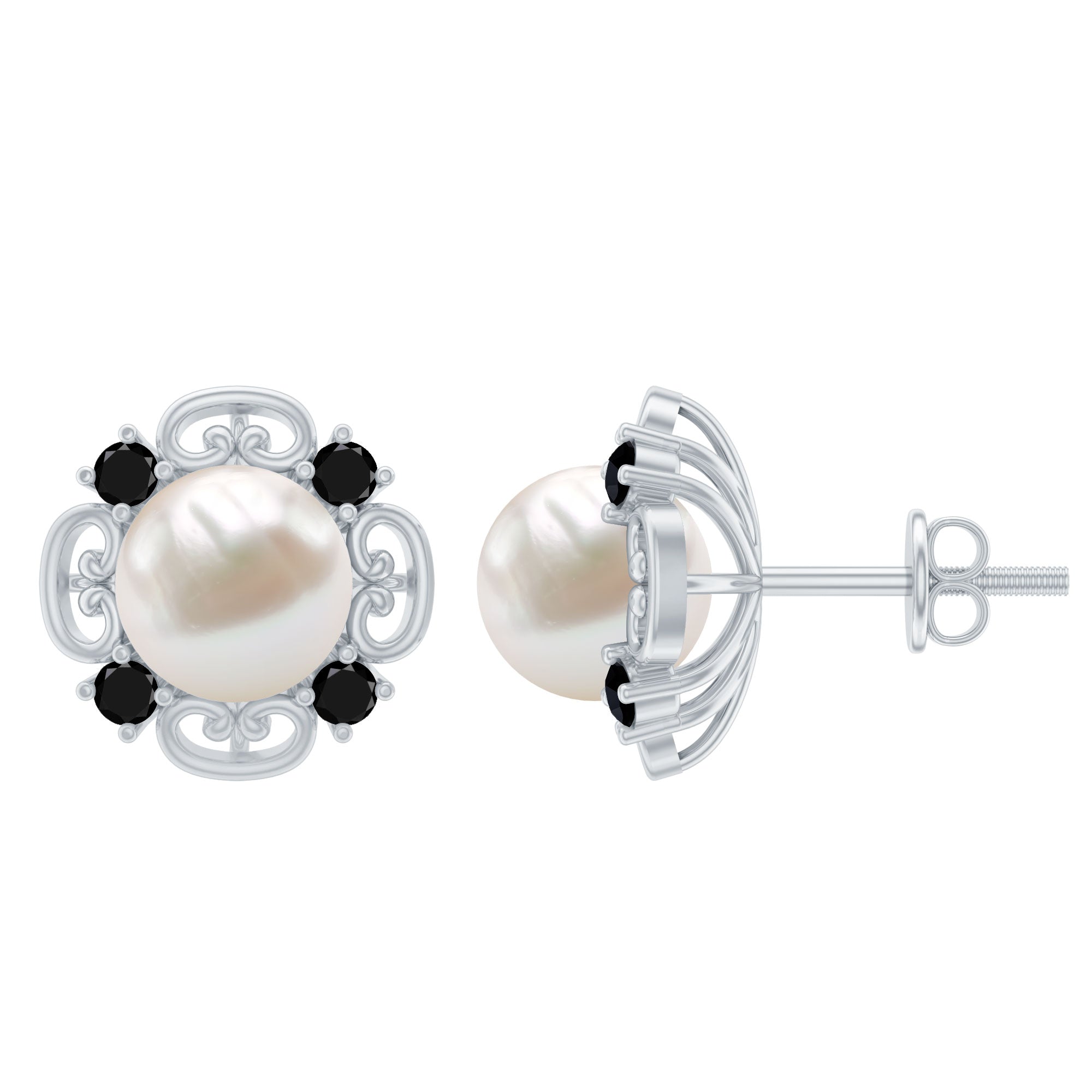6.75 CT Vintage Stud Earrings with Freshwater Pearl and Black Onyx
